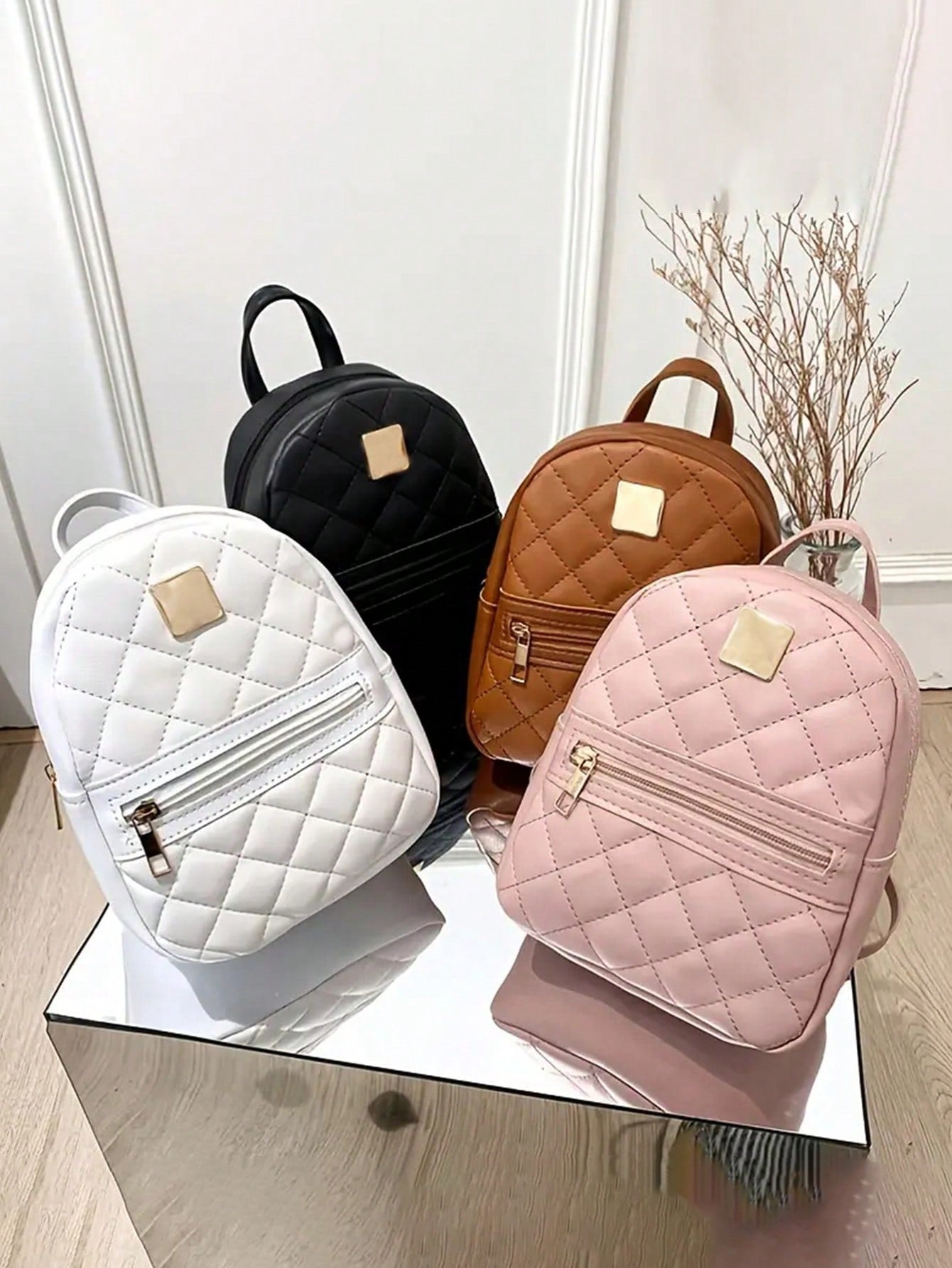 Quilted Classic Backpack Baby Pink Metal Decor Adjustable Strap for Daily