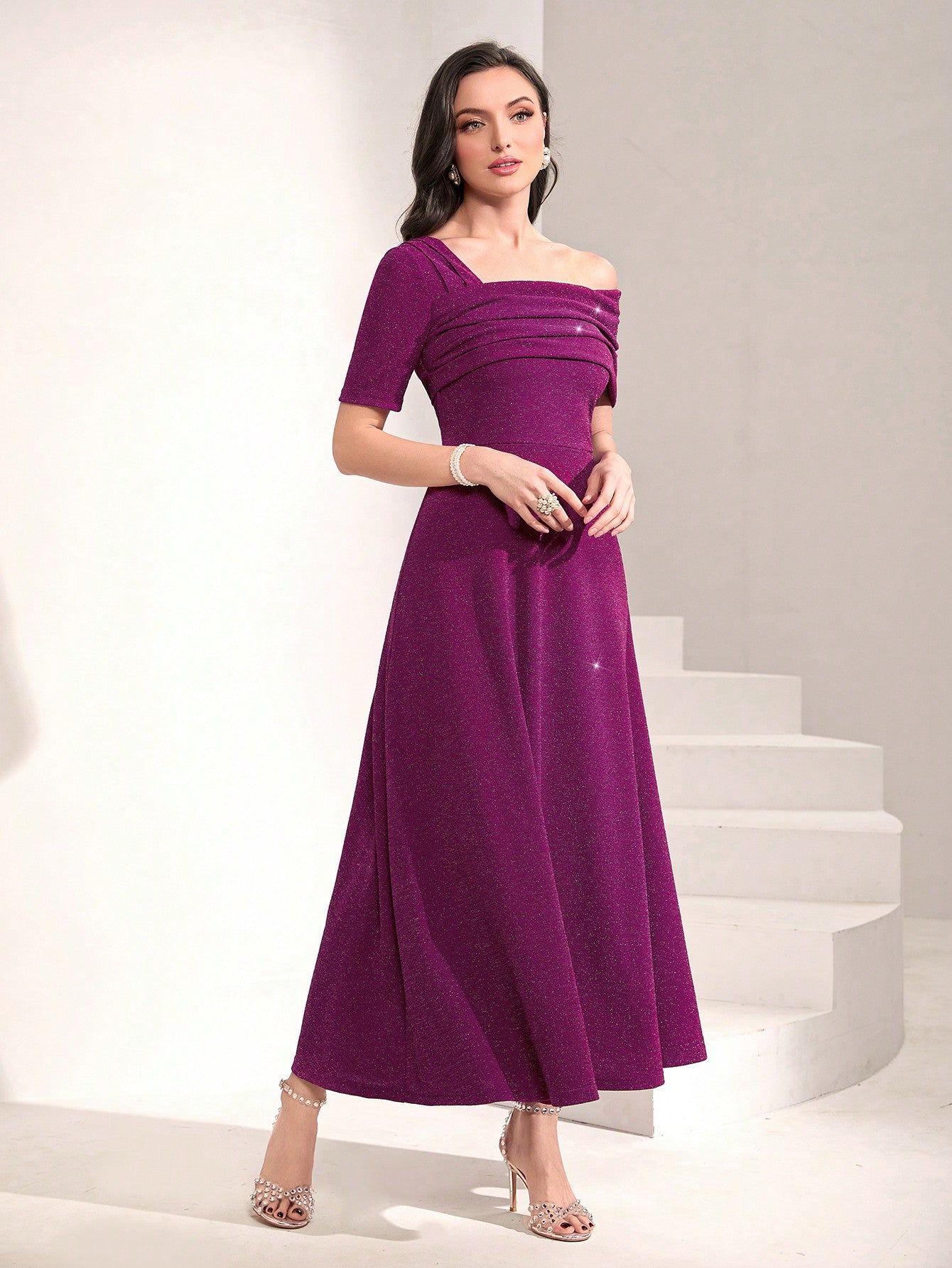 SHEIN Modely Asymmetrical Neck Glitter Dress