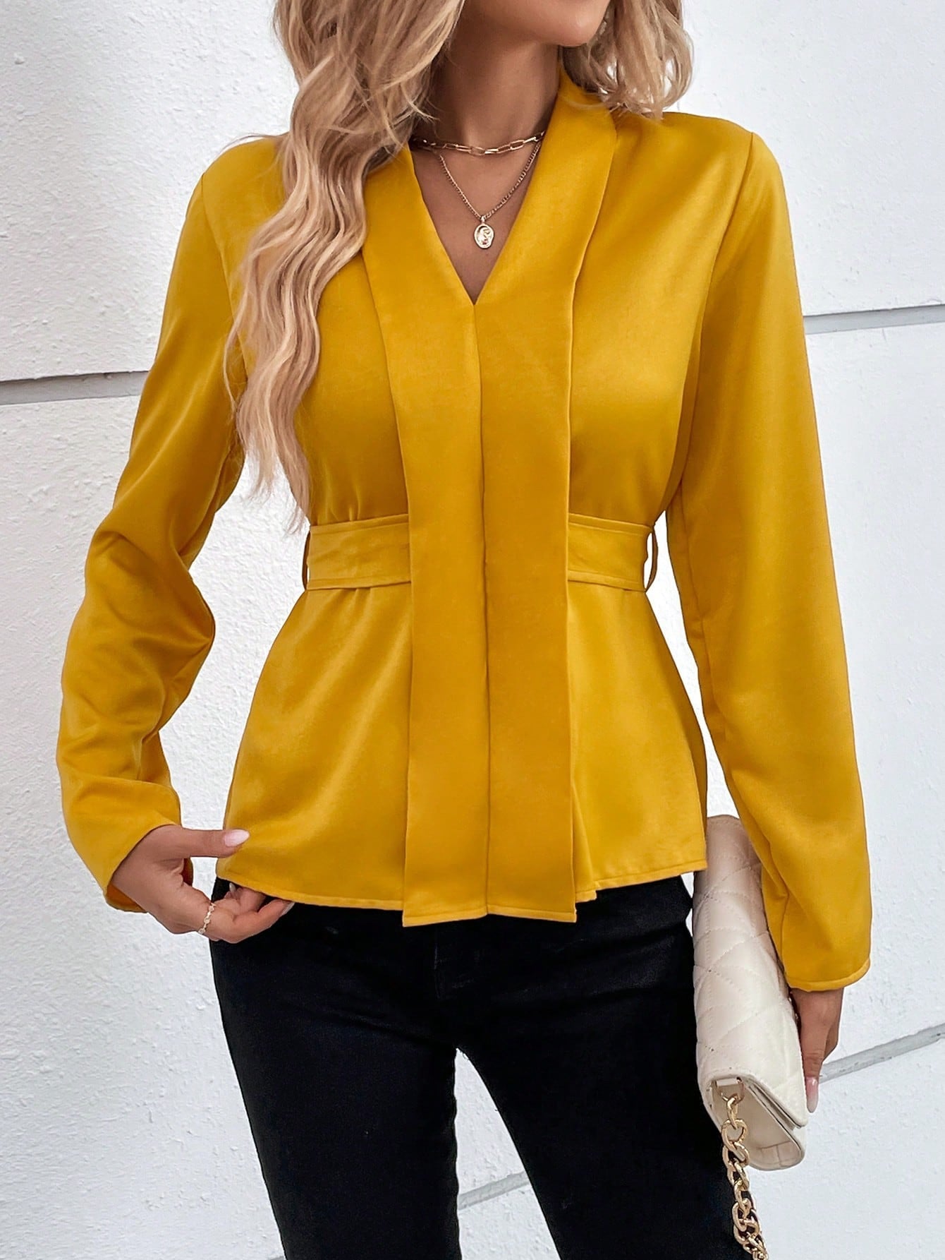 SHEIN LUNE Solid V Neck Blouse