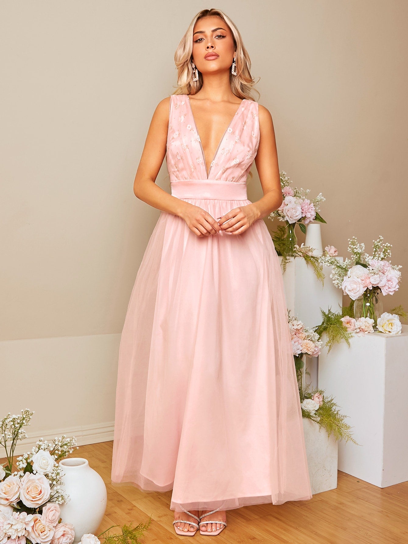 SHEIN Belle Plunging Neck Tie Backless Mesh Overlay Bridesmaid Dress