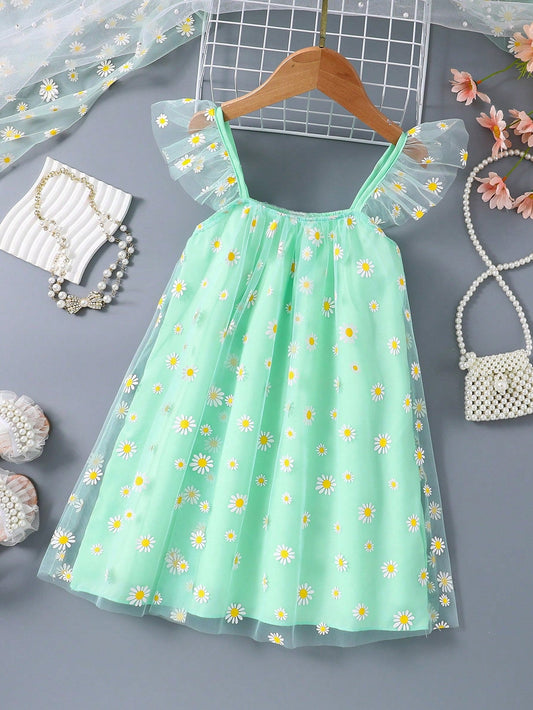SHEIN Kids CHARMNG Toddler Girls' Cute Green Dandelion Print Dress with a Touch of Countryside Vacation Style