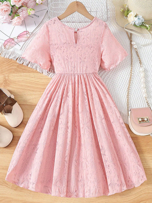 Tween Girls' Gentle Fairy Lace Pink Short Sleeve Dress
