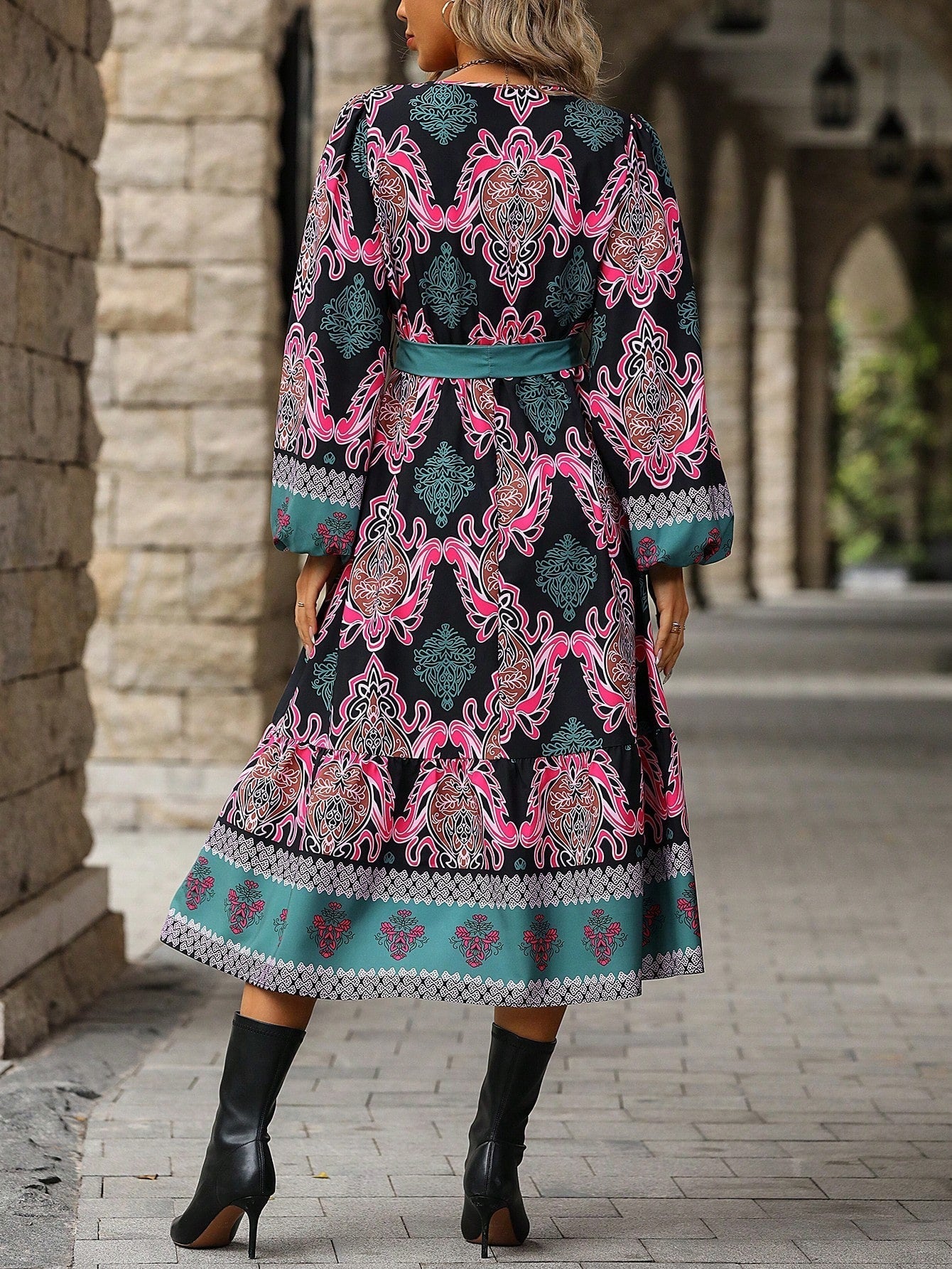 Allover Print Lantern Sleeve Belted Dress