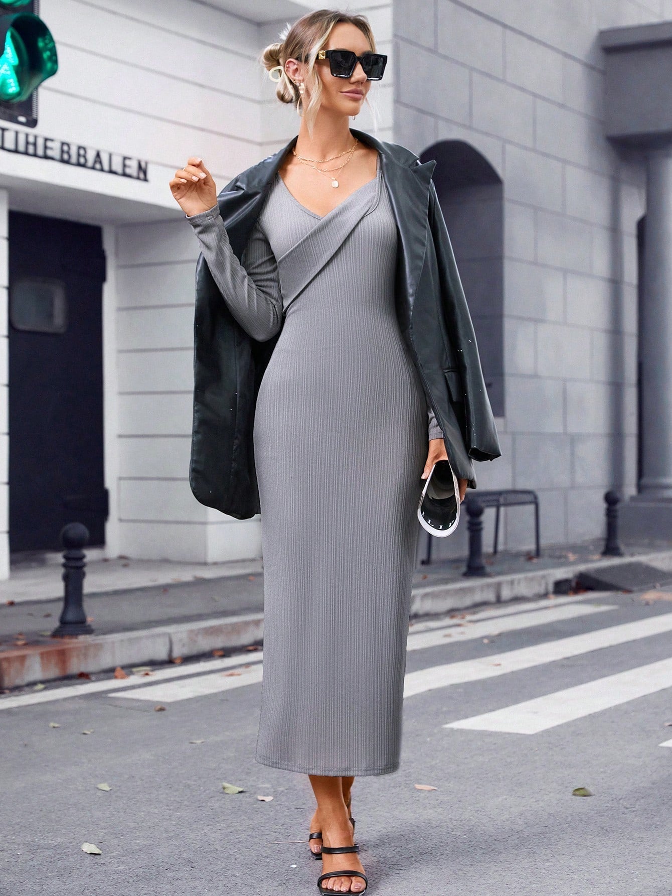 SHEIN Essnce Solid Ribbed Knit Bodycon Dress