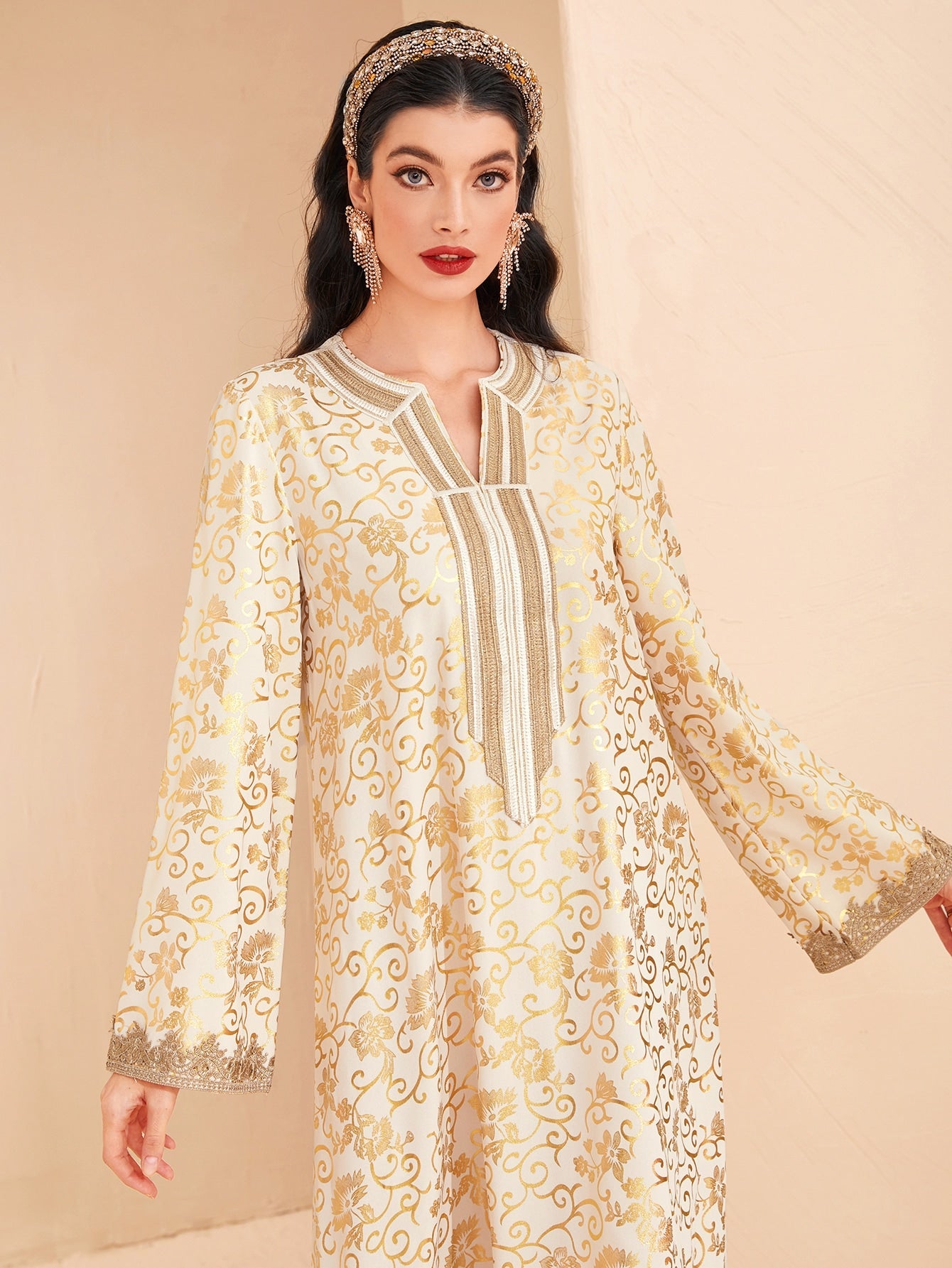 SHEIN Najma Allover Print Notched Neckline Contrast Tape Detail Dress