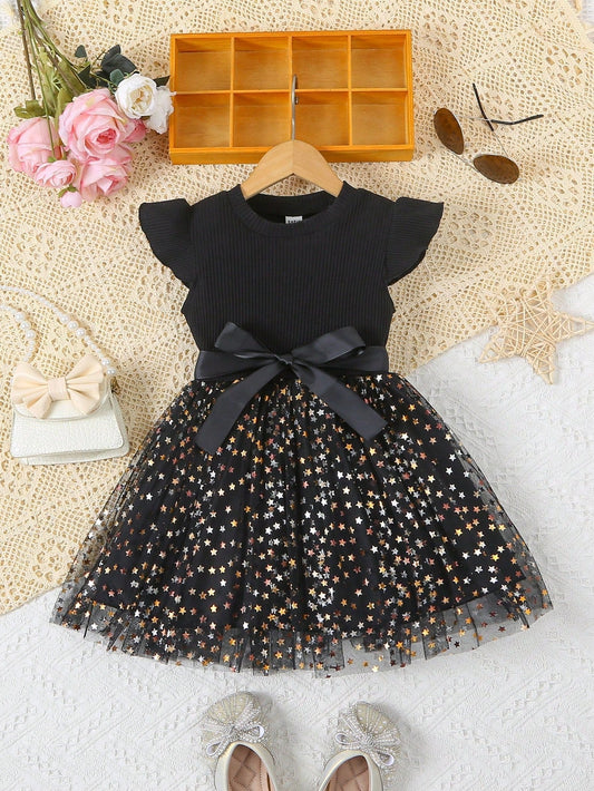 SHEIN Kids FANZEY Toddler Girls' Black Knitted & Tulle Puff Skirt with Starry Mesh Overlay, Princess Style