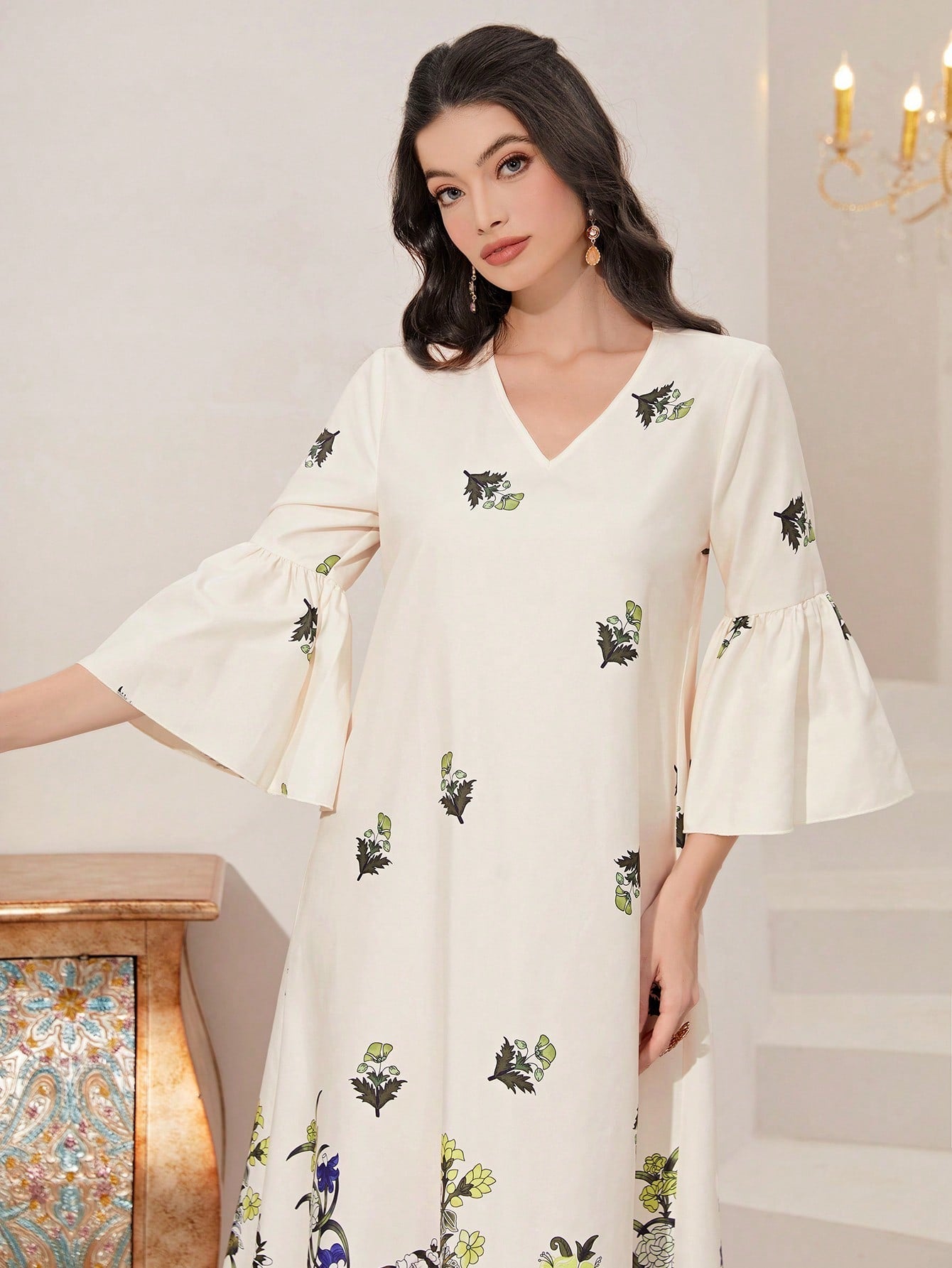 SHEIN Najma Floral Print Flounce Sleeve Dress