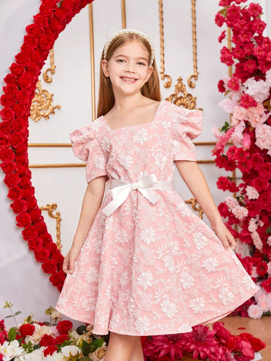 SHEIN Kids EVRYDAY Tween Girls' Flower Jacquard Leg-Of-Mutton Sleeve Dress