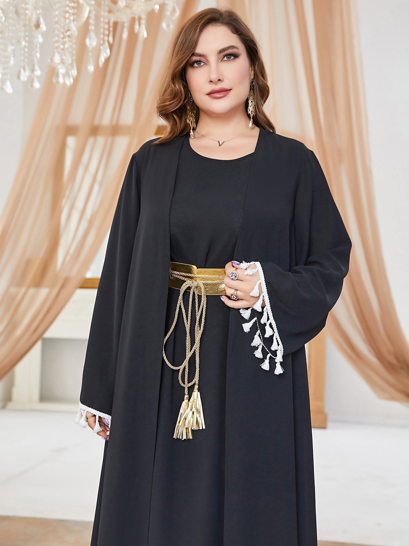 SHEIN Najma plus Tassel Trim Belted Coat & Dress Set