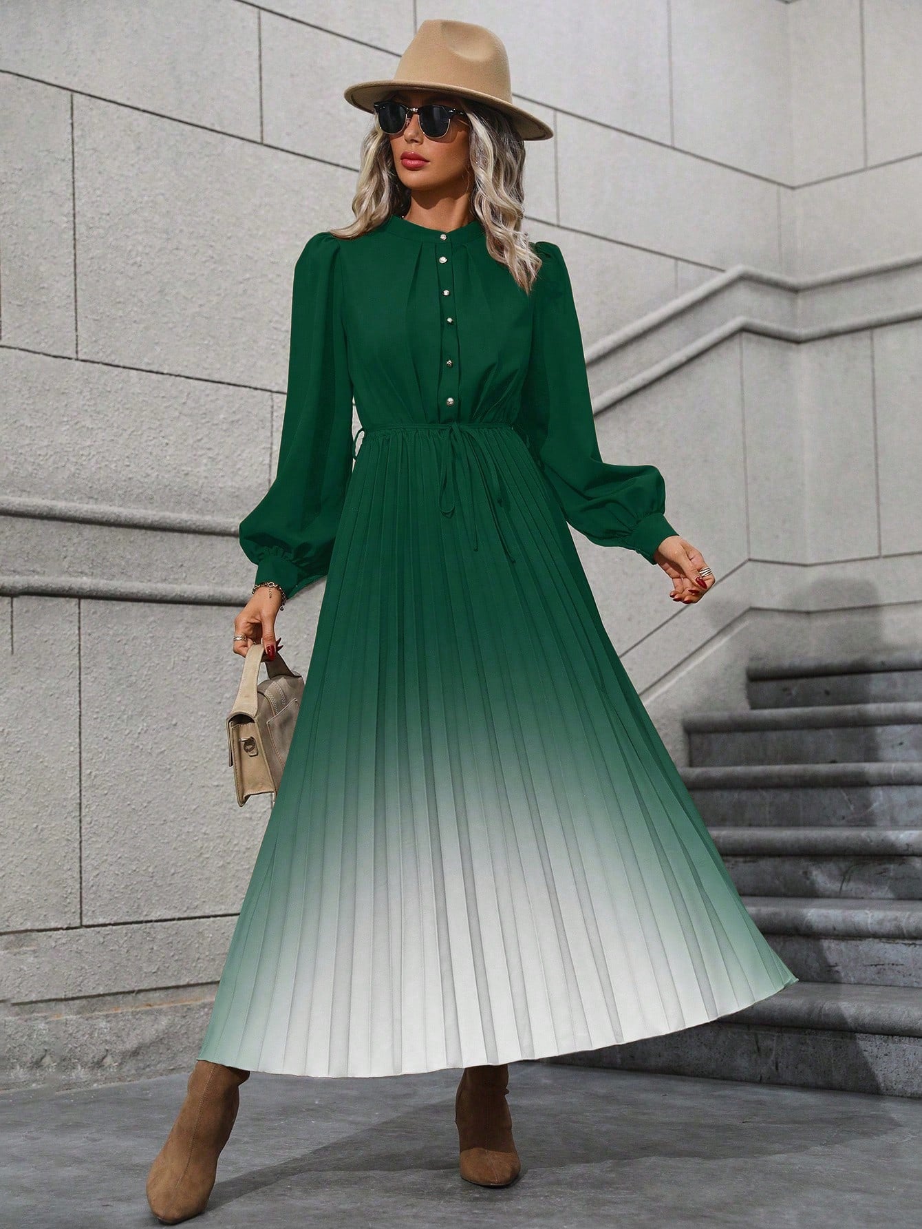 Ombre Lantern Sleeve Dress without Belt