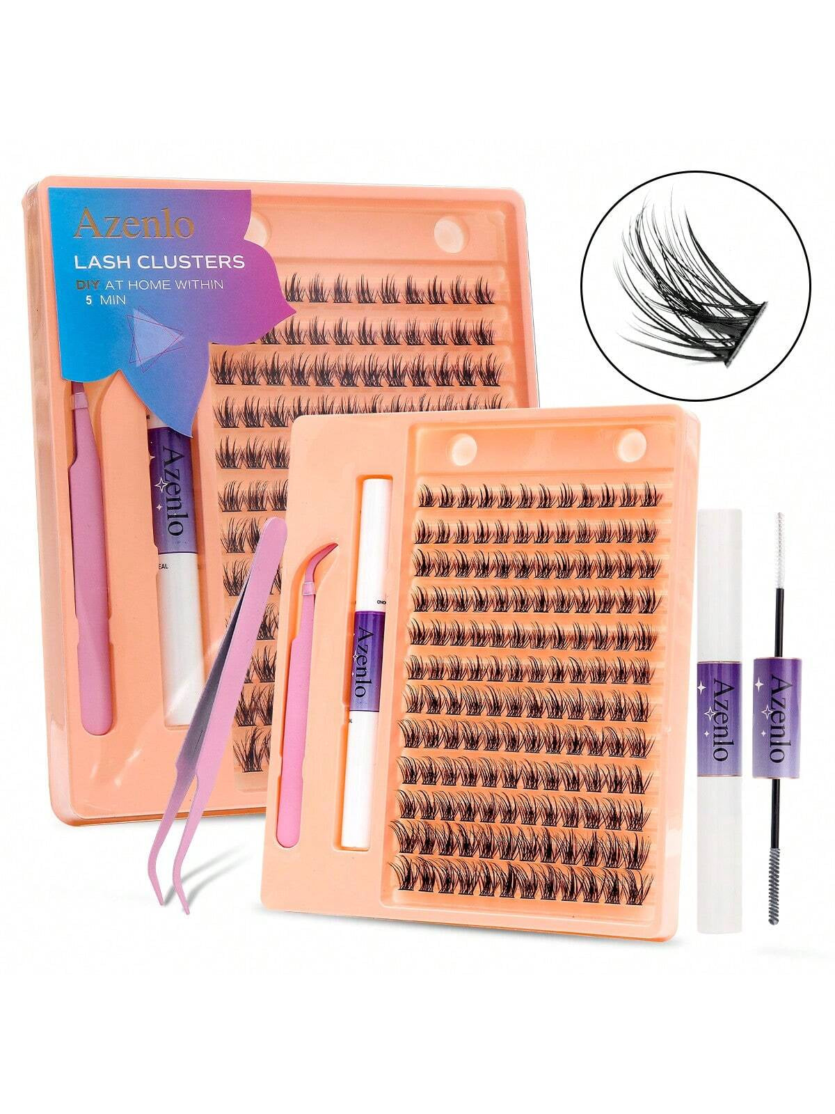 Azenlo Cluster Lashes 144 Individual Lashes Clusters Eyelash Extensions Individual Lashes DIY Eyelash Extension Thin Band Wide Stem Lash Clusters with Applicator and Lash Bond and Seal Lash Extension Kit Mix 10-16Mm Length C