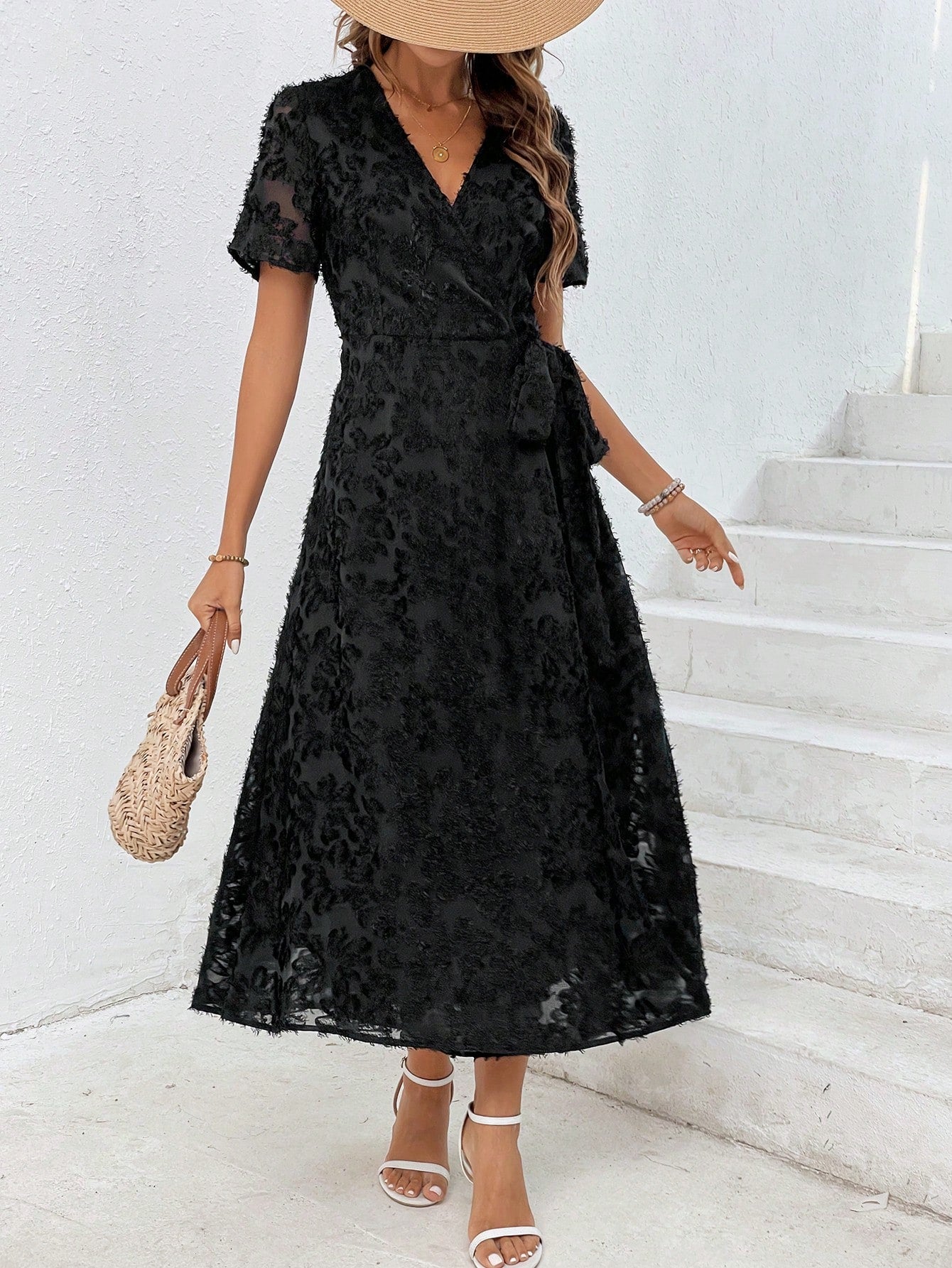 Jacquard Puff Sleeve Knot Side Wrap Dress