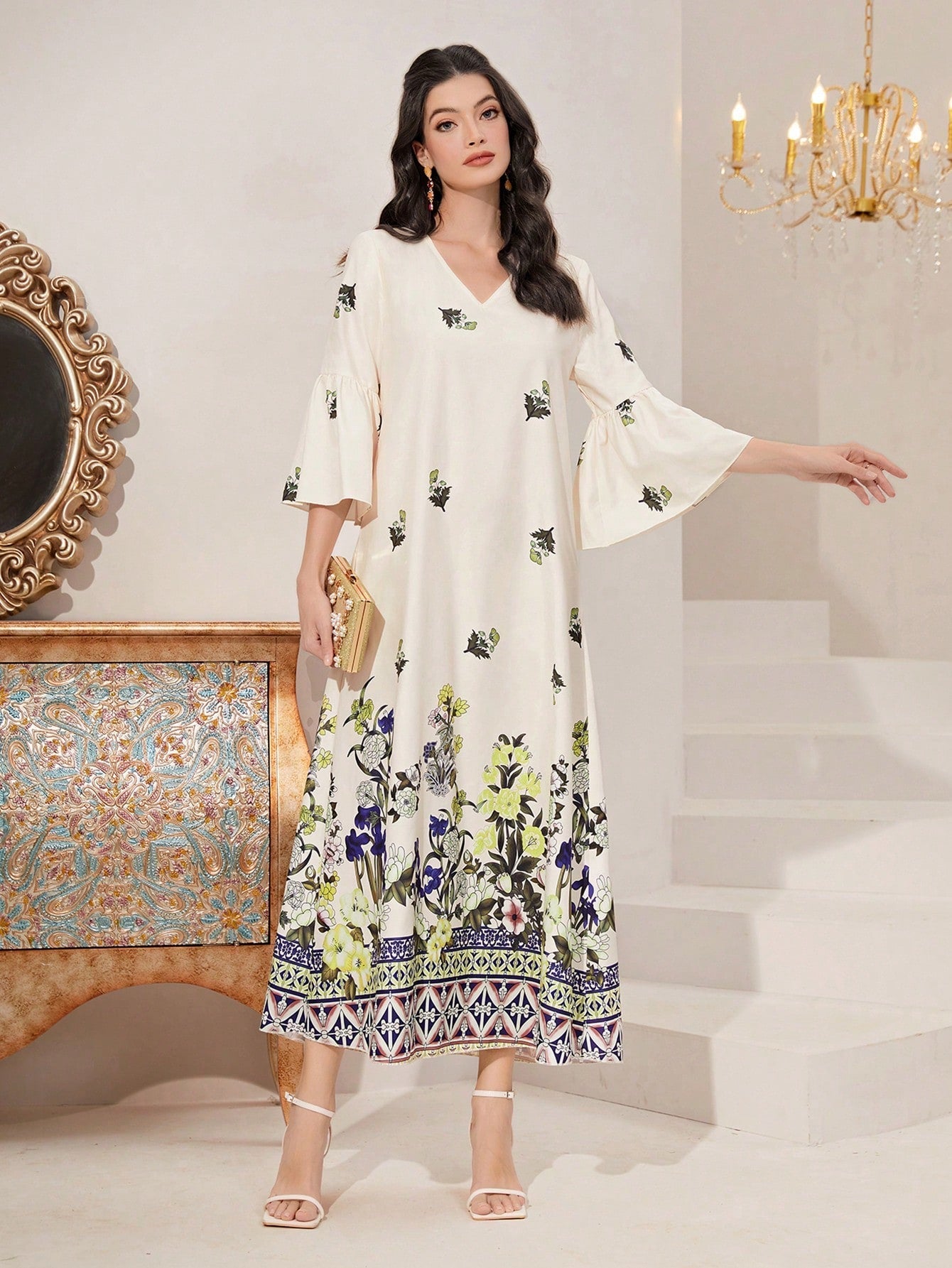 SHEIN Najma Floral Print Flounce Sleeve Dress