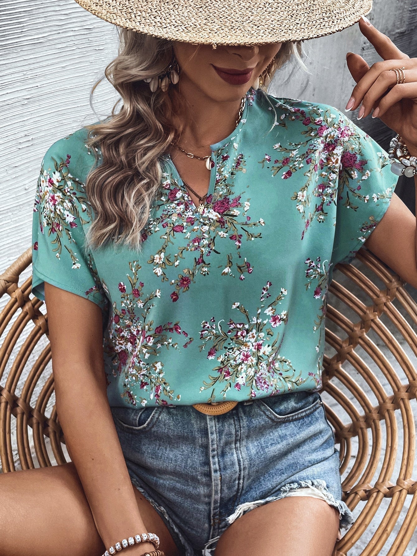 SHEIN LUNE Floral Print Notched Neck Batwing Sleeve Blouse