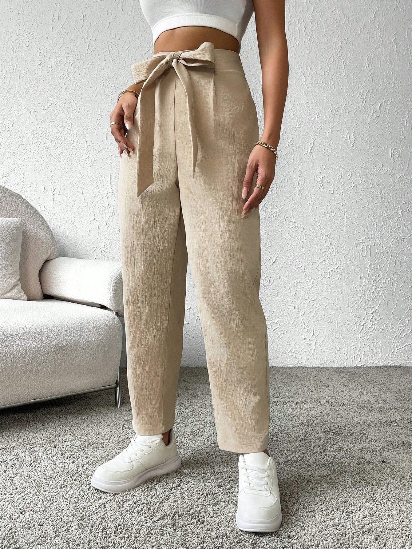 SHEIN Essnce High Waist Belted Straight Leg Pants