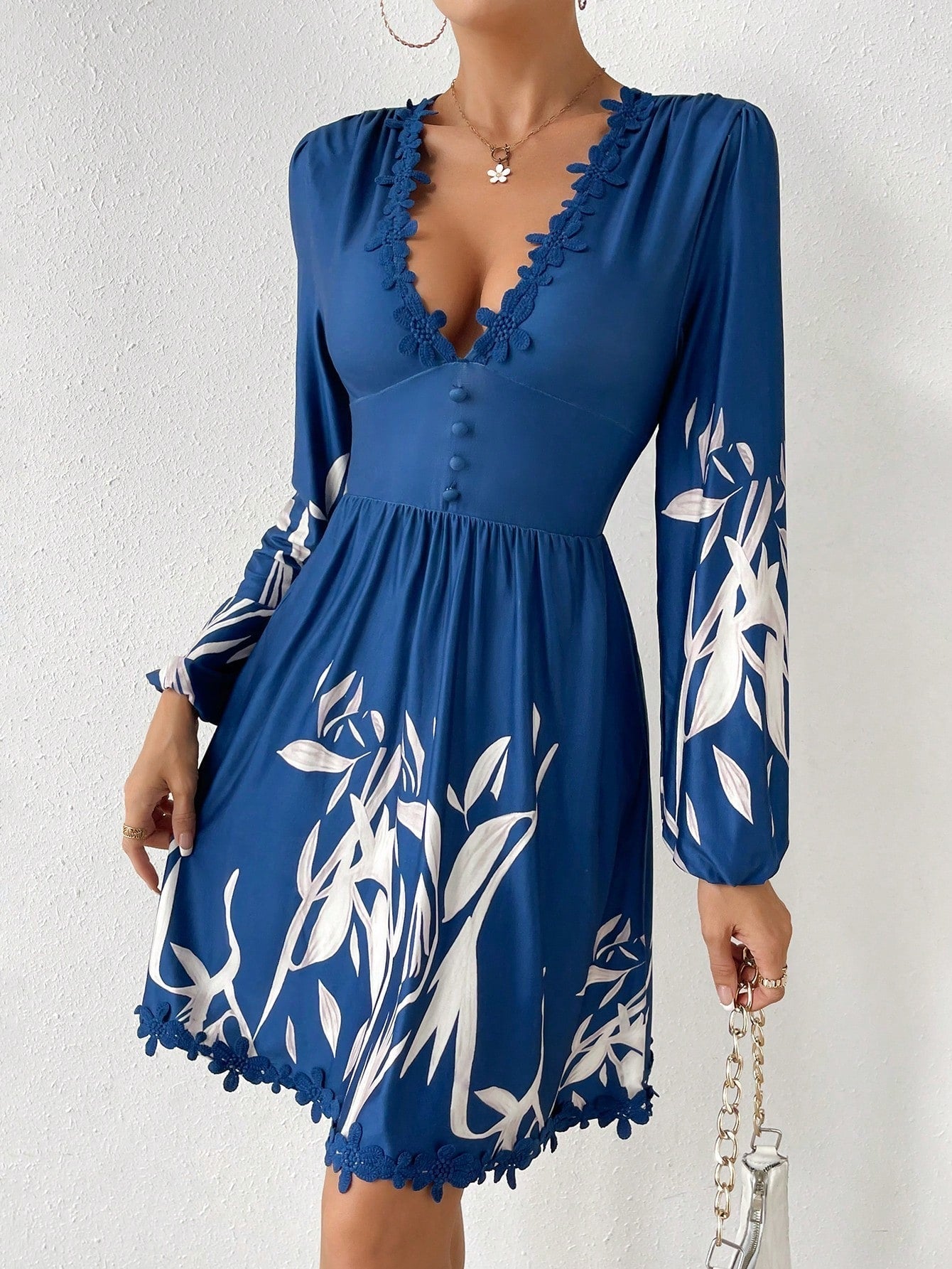SHEIN VCAY Plants Print Guipure Lace Trim Lantern Sleeve Dress