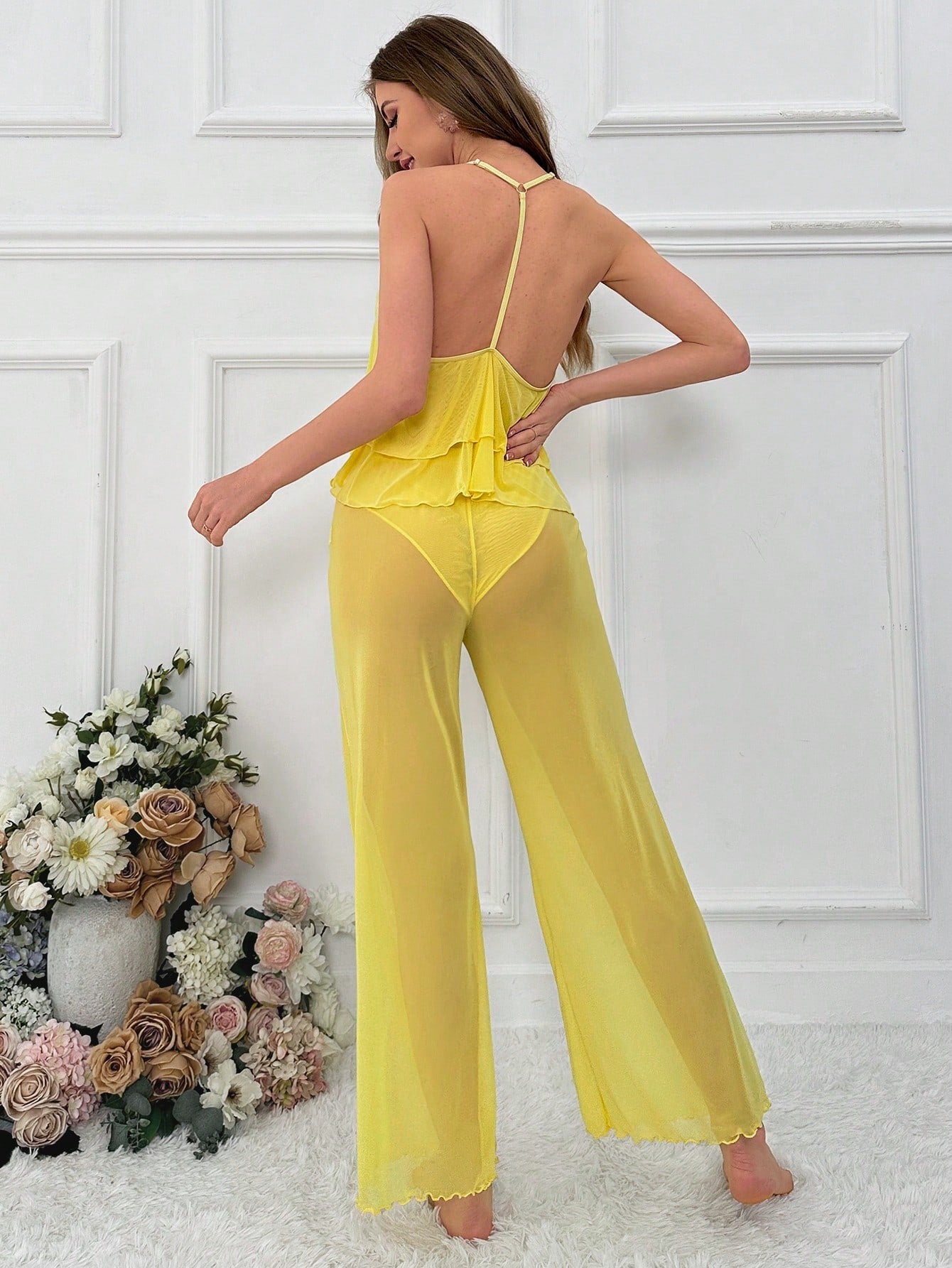 Women'S Mesh Applique Halter Sleepwear Set