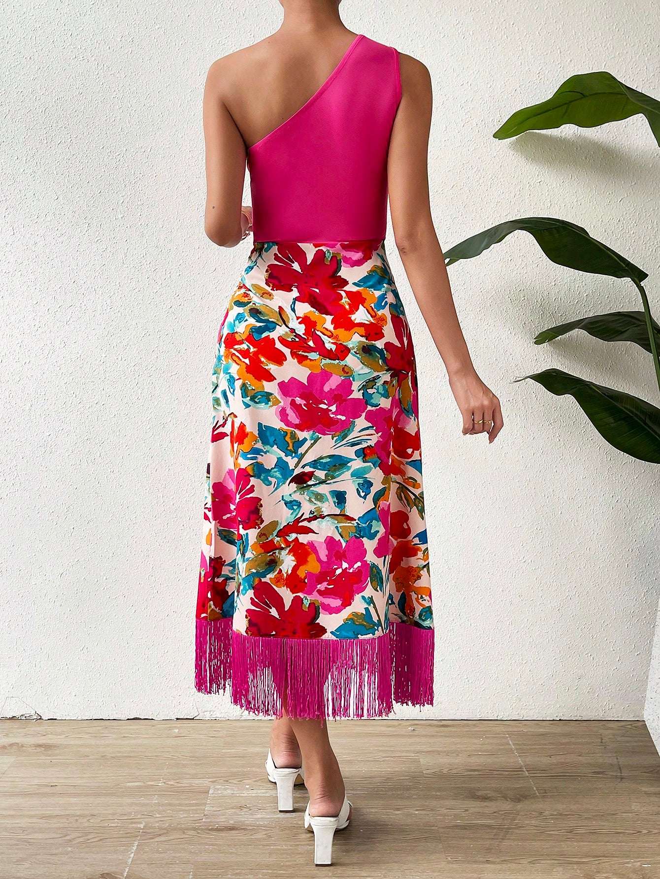 SHEIN Privé Floral Print One Shoulder Fringe Hem Dress