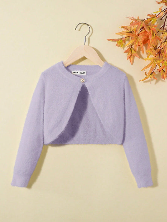 SHEIN Young Girl Casual Slim Fit Long Sleeve round Neck Cardigan Sweater