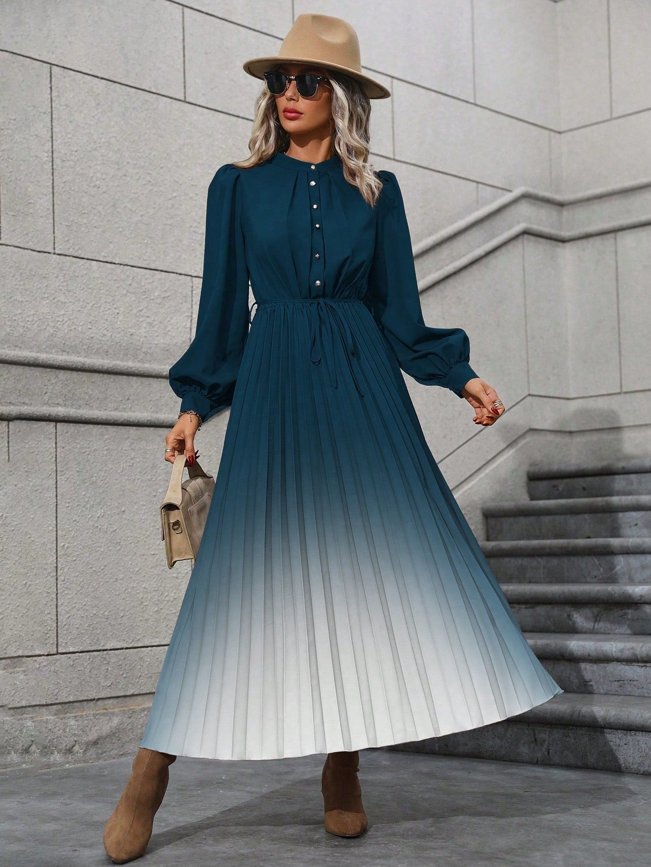 Ombre Lantern Sleeve Dress, Belt Not Included