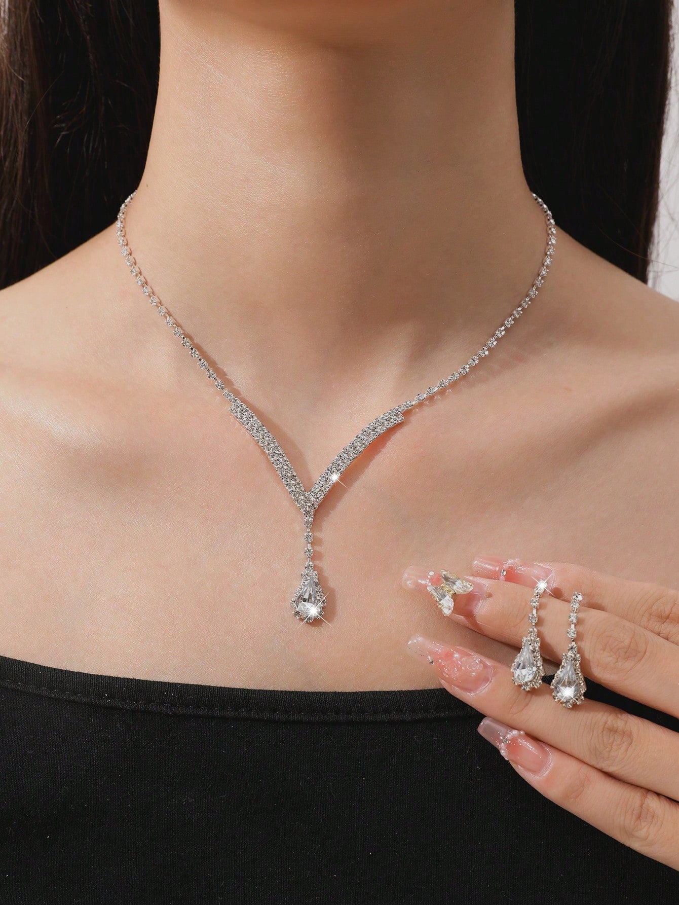 2Pcs/Set Women'S Luxury Rhinestone Water Drop Pendant Necklace and Earrings Set for Wedding, Party