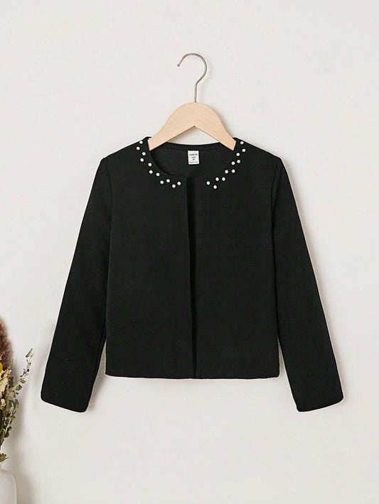 SHEIN Kids Cooltwn Tween Girl'S Casual Beaded Knitted Jacket without Collar for Autumn and Winter