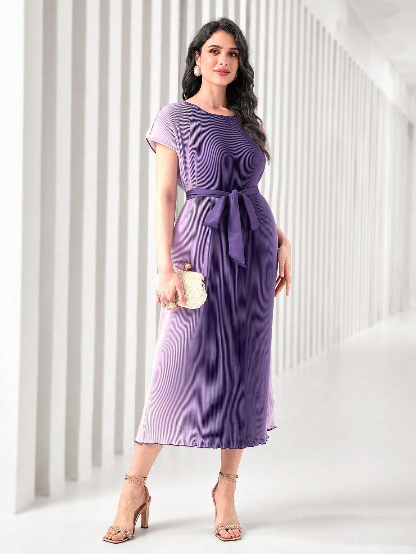 SHEIN Modely Ombre Print Plisse Belted Dress