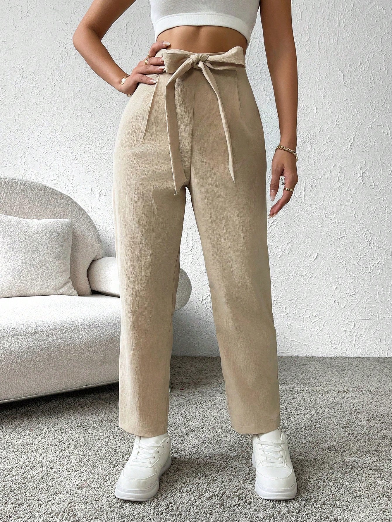 SHEIN Essnce High Waist Belted Straight Leg Pants
