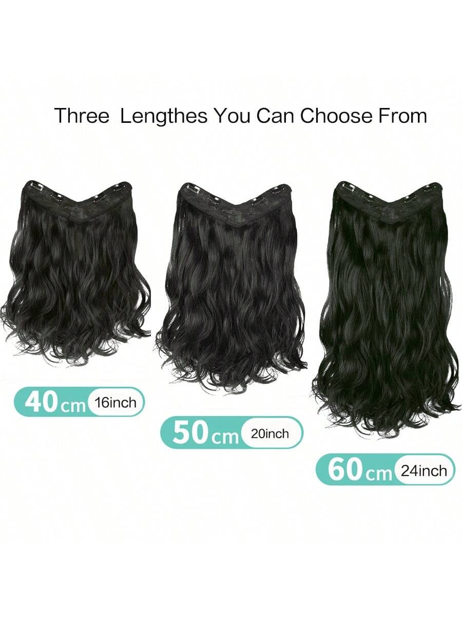 Synthetic Fiber Big Wavy V Shaped Hair Extensions for White People, Invisible Four Clip Hairpiece, 16/20/24 Inch Available in Black and Brown