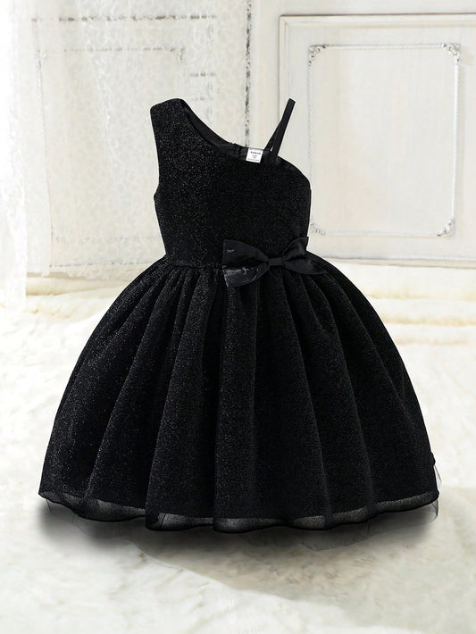 Young Girl Asymmetrical Neck Bow Front Dress