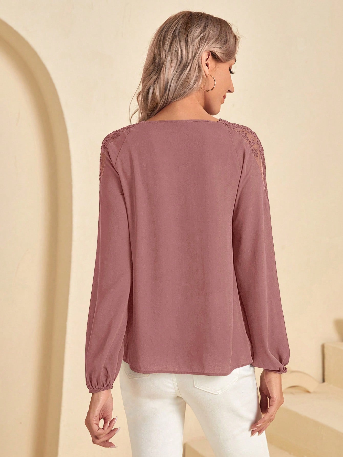 EMERY ROSE Contrast Embroidery Mesh Raglan Sleeve Blouse