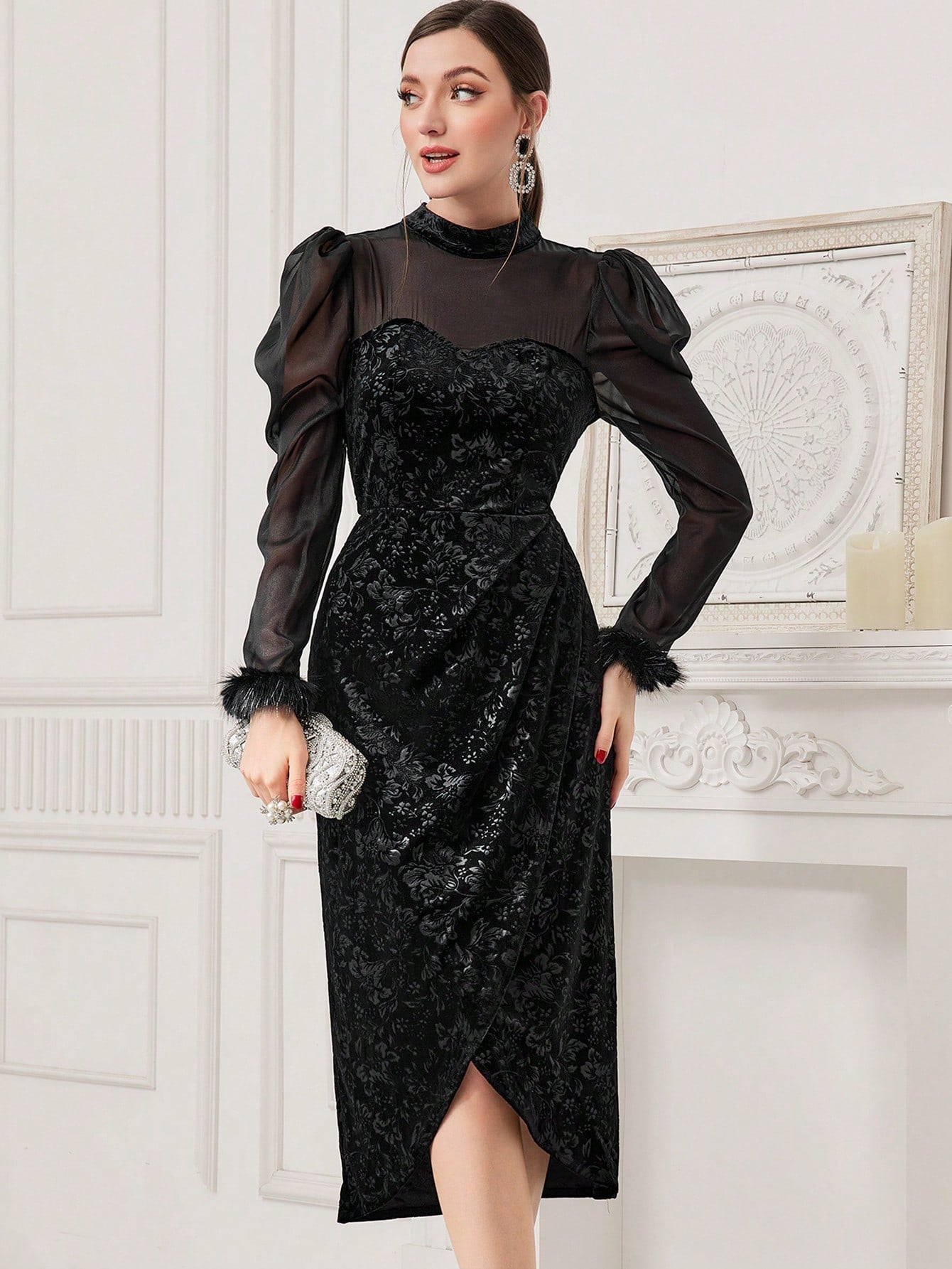 SHEIN Modely Patchwork Mesh & Floral & Jacquard & Plush Sleeve Cuff Sweater Dress