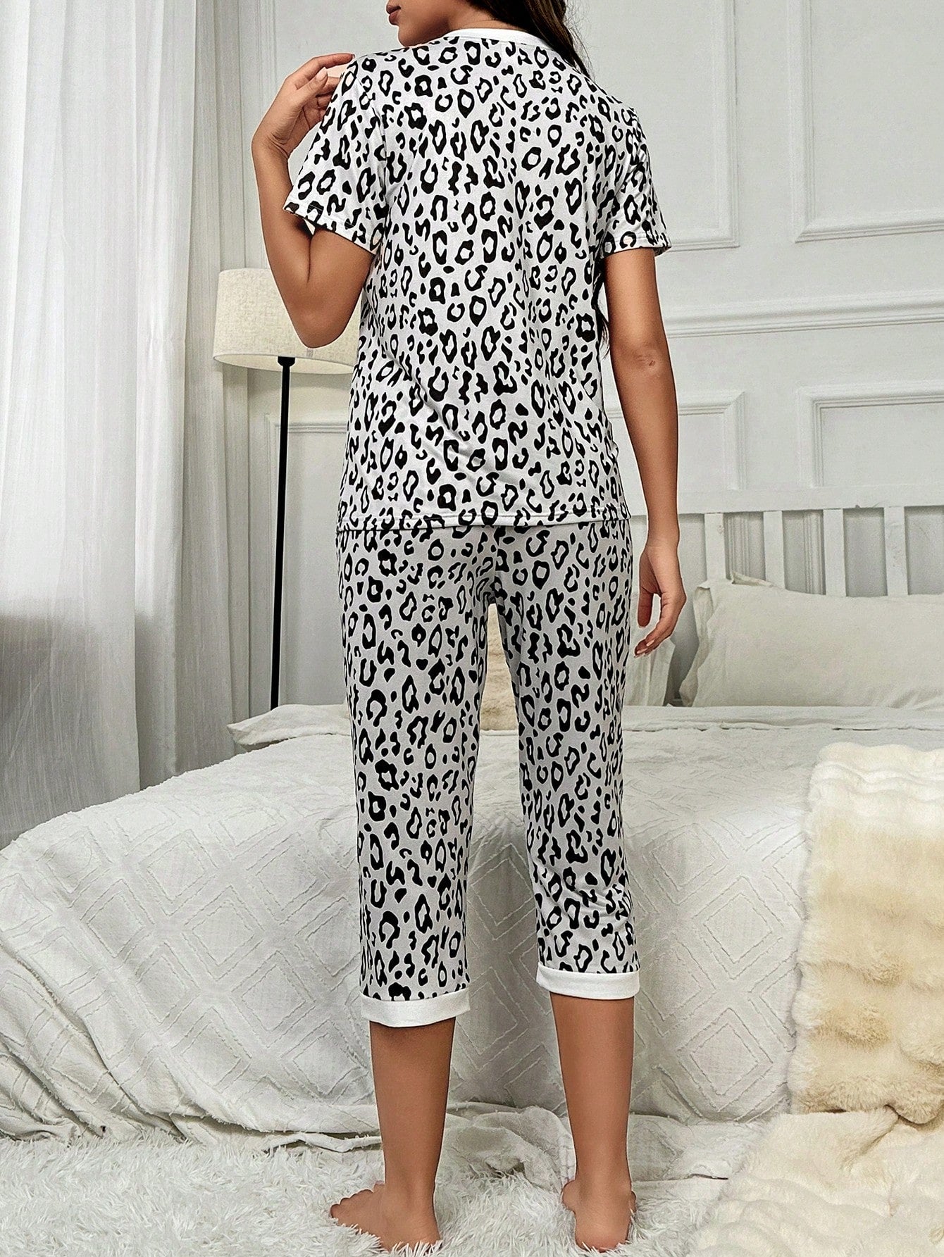 Leopard Print Contrast Trim PJ Set