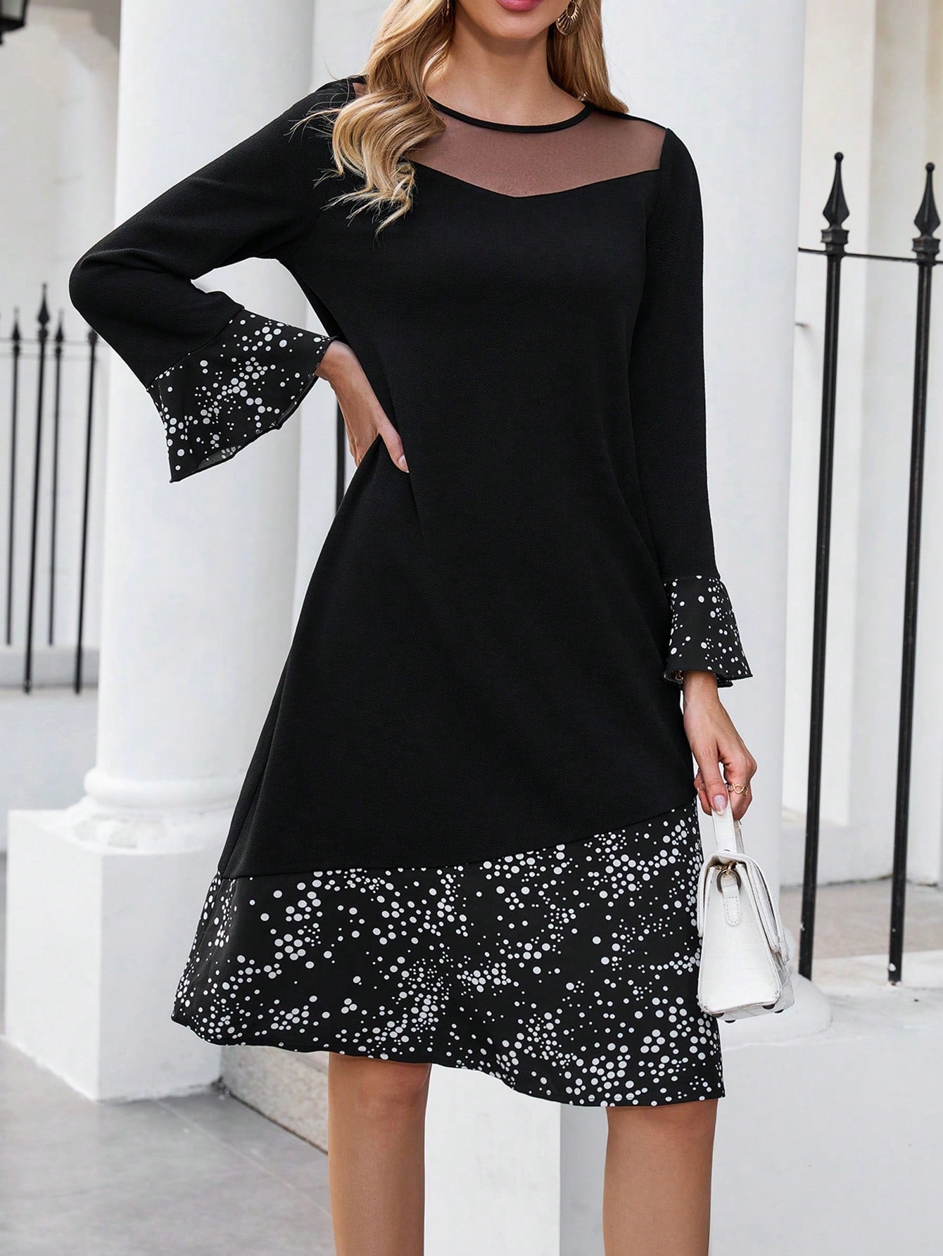 EMERY ROSE Women'S Polka Dot Decorated Long Sleeve Dress