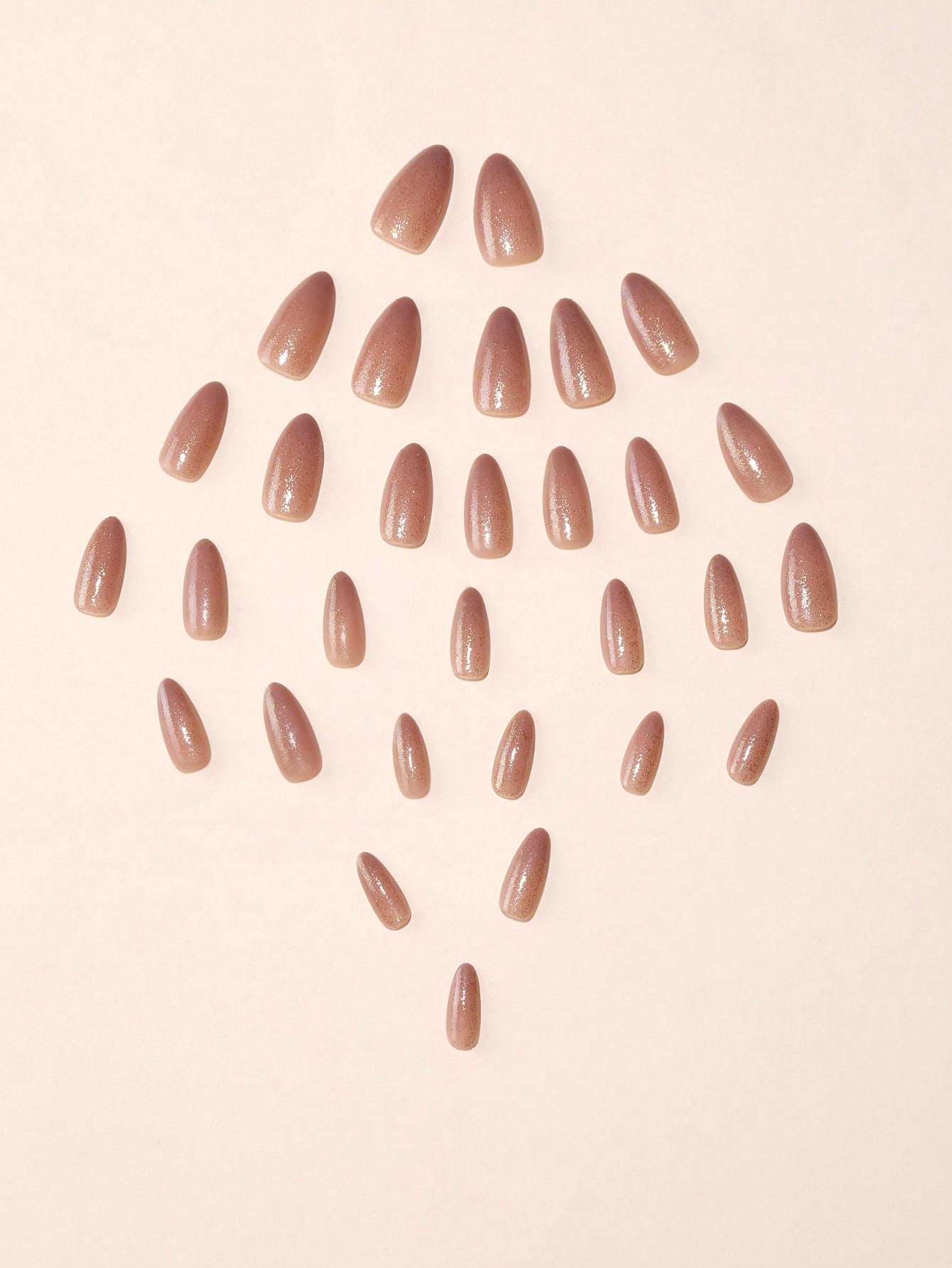 30Pcs Long Pointed Sweet Style Nude Tone Sparkly Glitter Powder False Nail Tips with 1Pc Nail Buffer and 1Pc Clear Jelly Gel