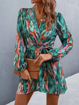 Allover Print Lantern Sleeve Belted Wrap Hem Dress