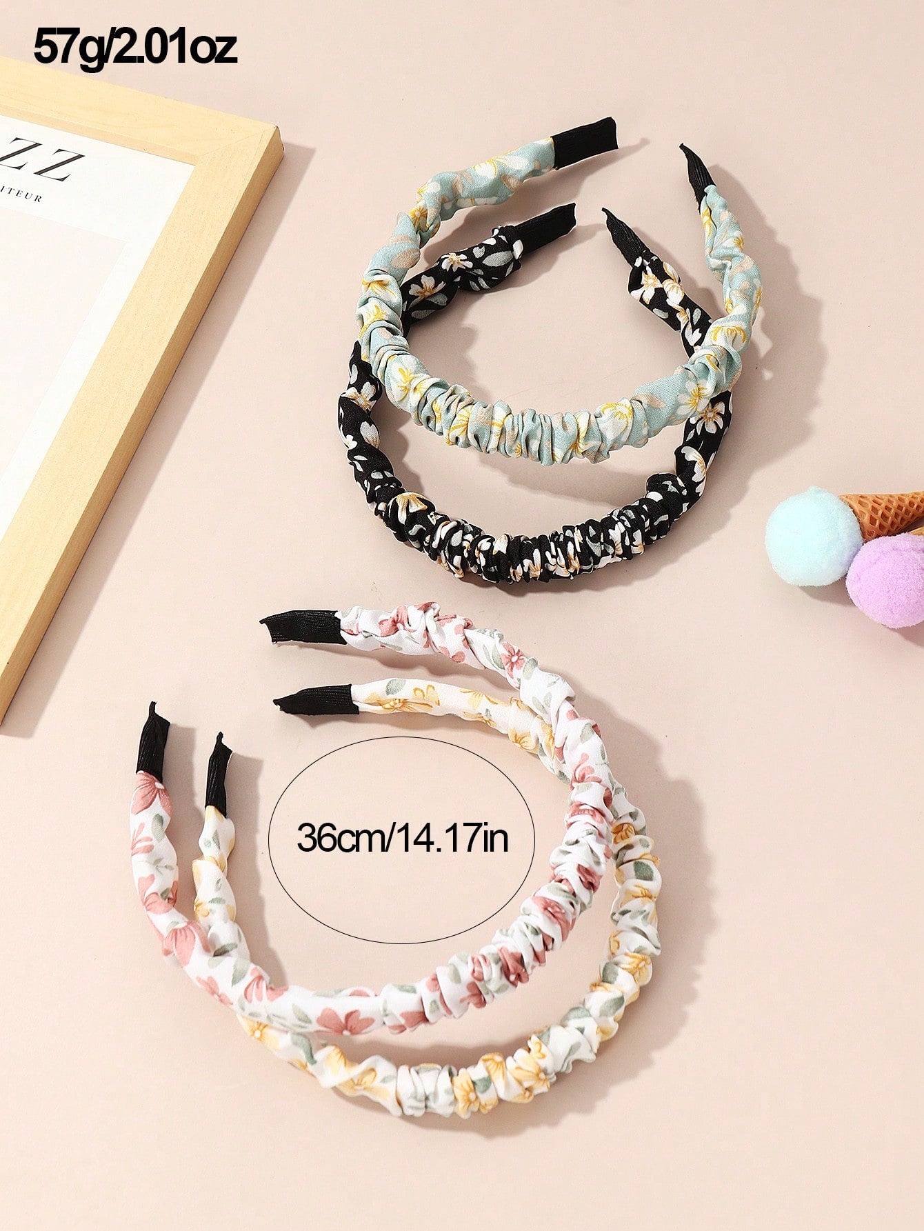 4Pcs Girls Floral Print Ruched Detail Headband for Hair Decoration