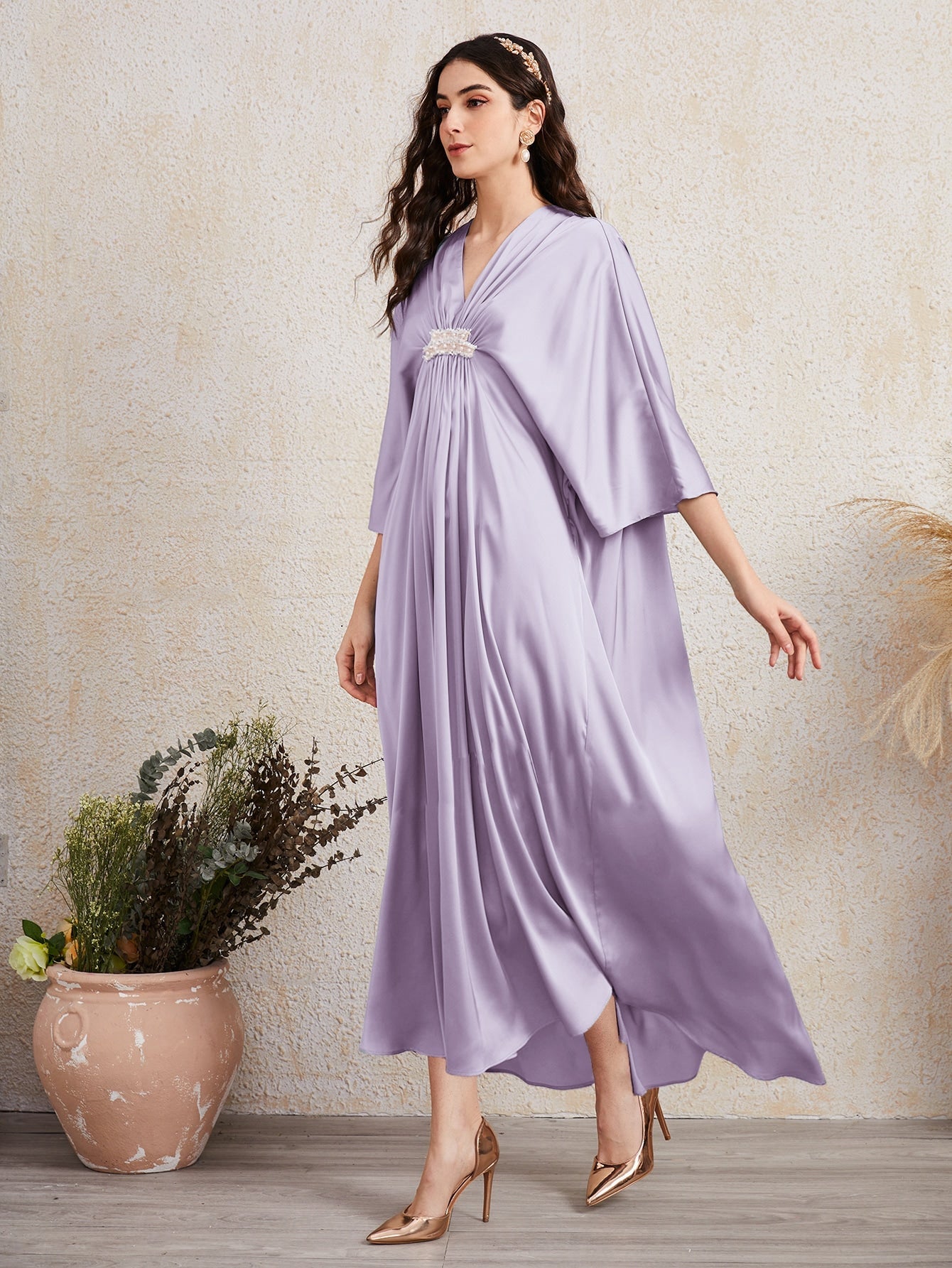 SHEIN Najma Batwing Sleeve Pearl Tape Front Satin Dress