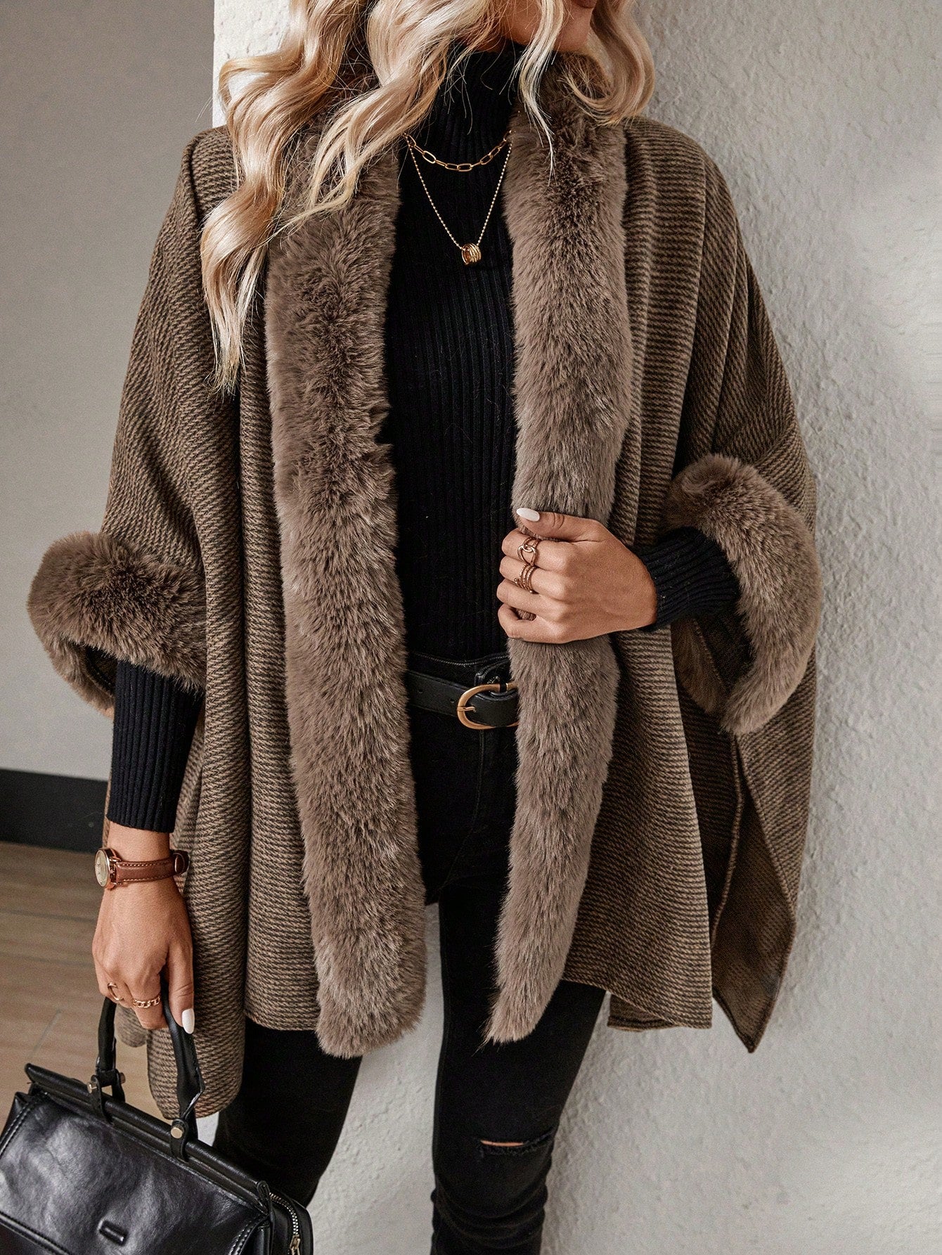 SHEIN Essnce Fuzzy Trim Batwing Sleeve Cape Cardigan