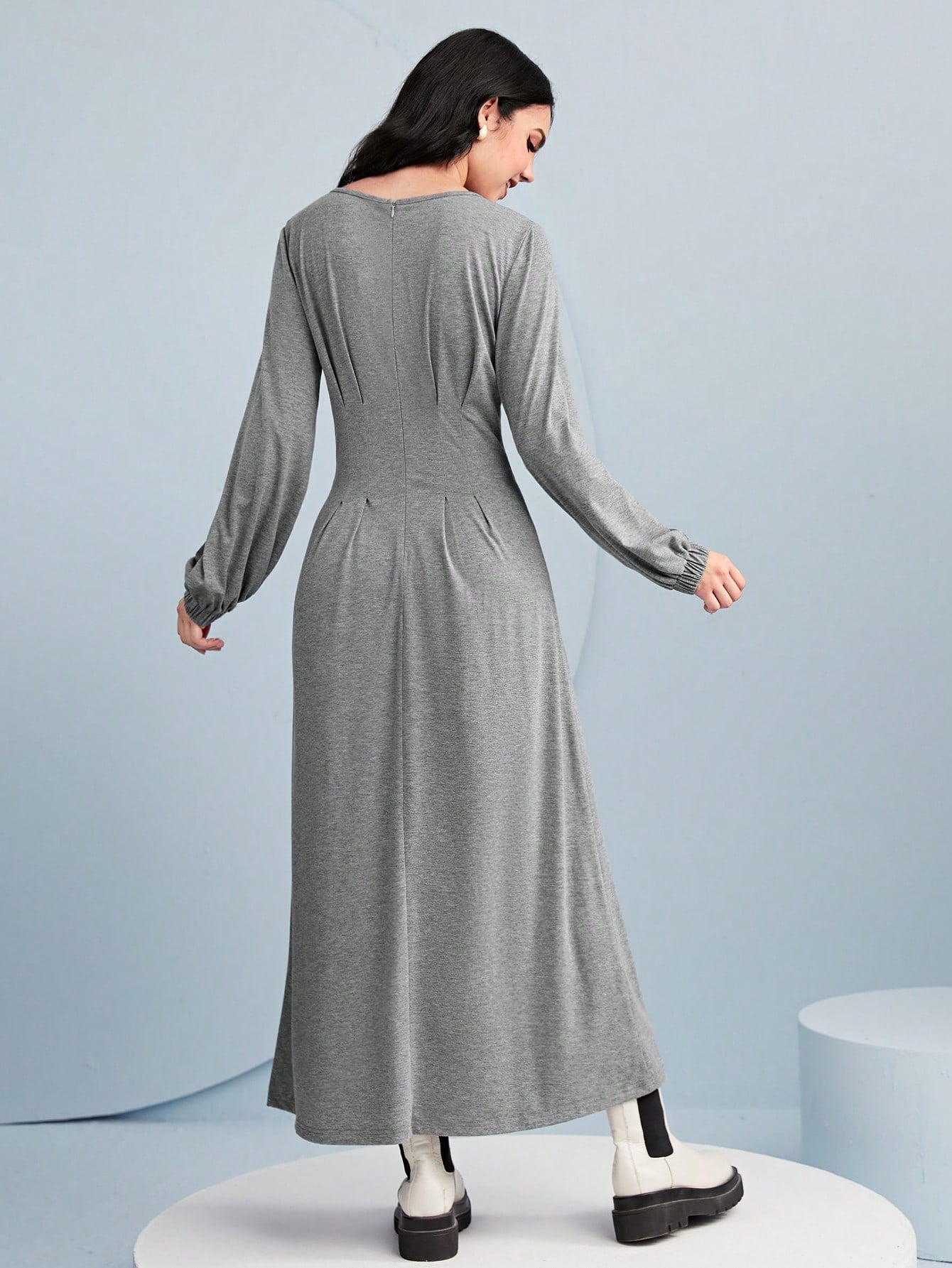 SHEIN Mulvari Letter Patched Detail Lantern Sleeve Fold Pleated Hem Dress