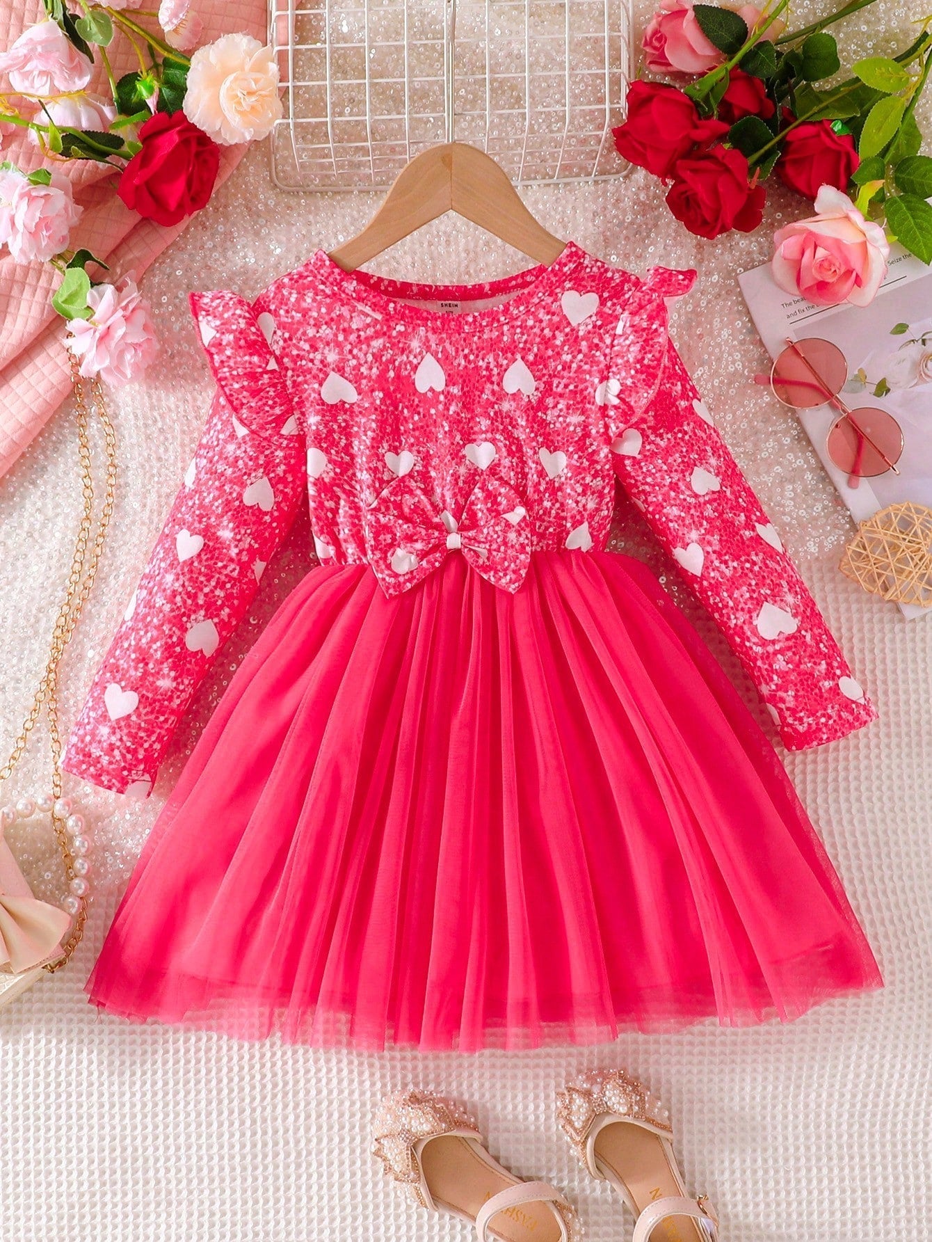 SHEIN Kids CHARMNG Little Girls' Romantic Mesh Spliced Heartheart & Letter Print Dress with Oversized Bow, Spring & Autumn