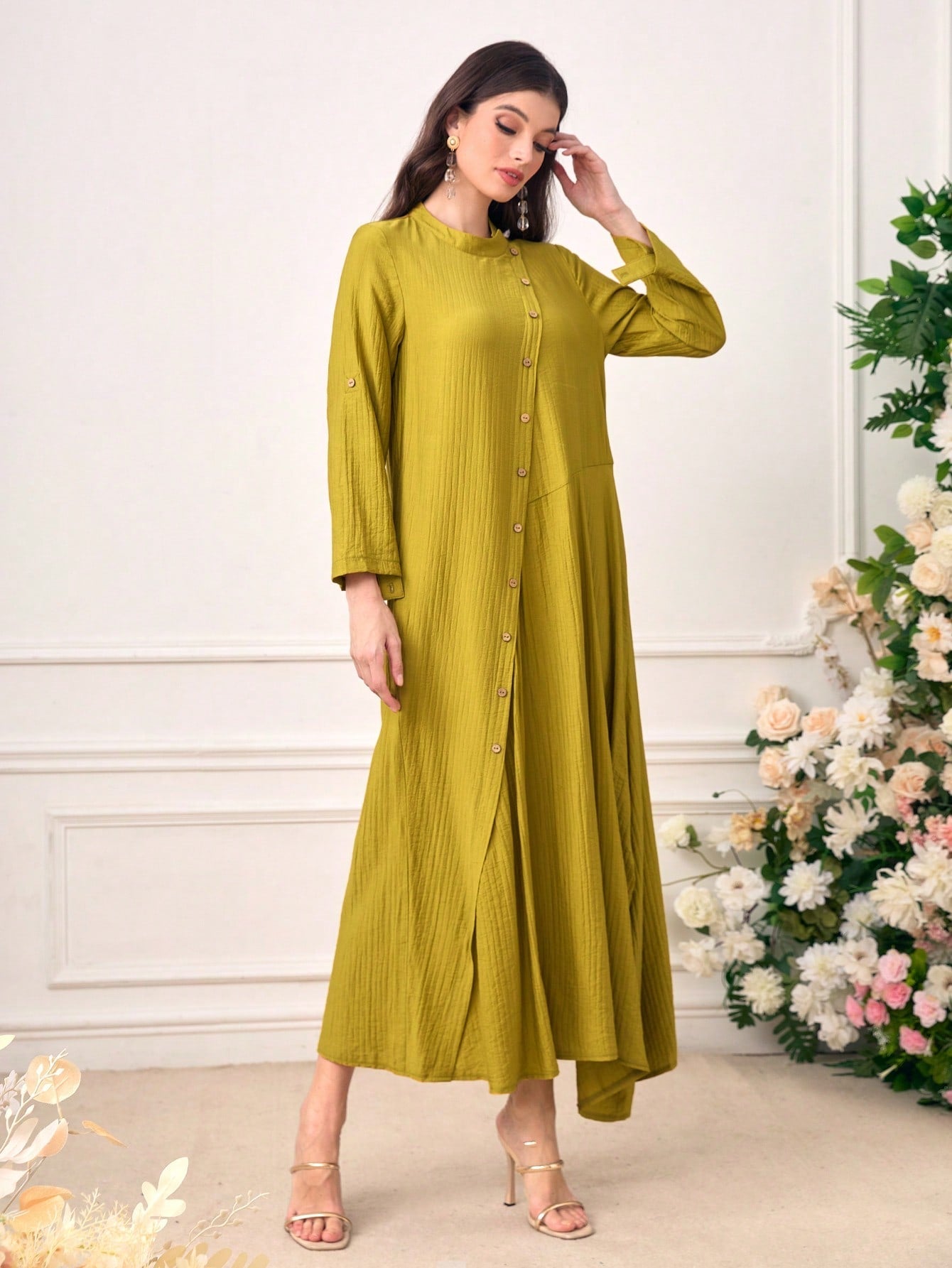 SHEIN Najma Roll up Sleeve Button Front Asymmetrical Hem Dress