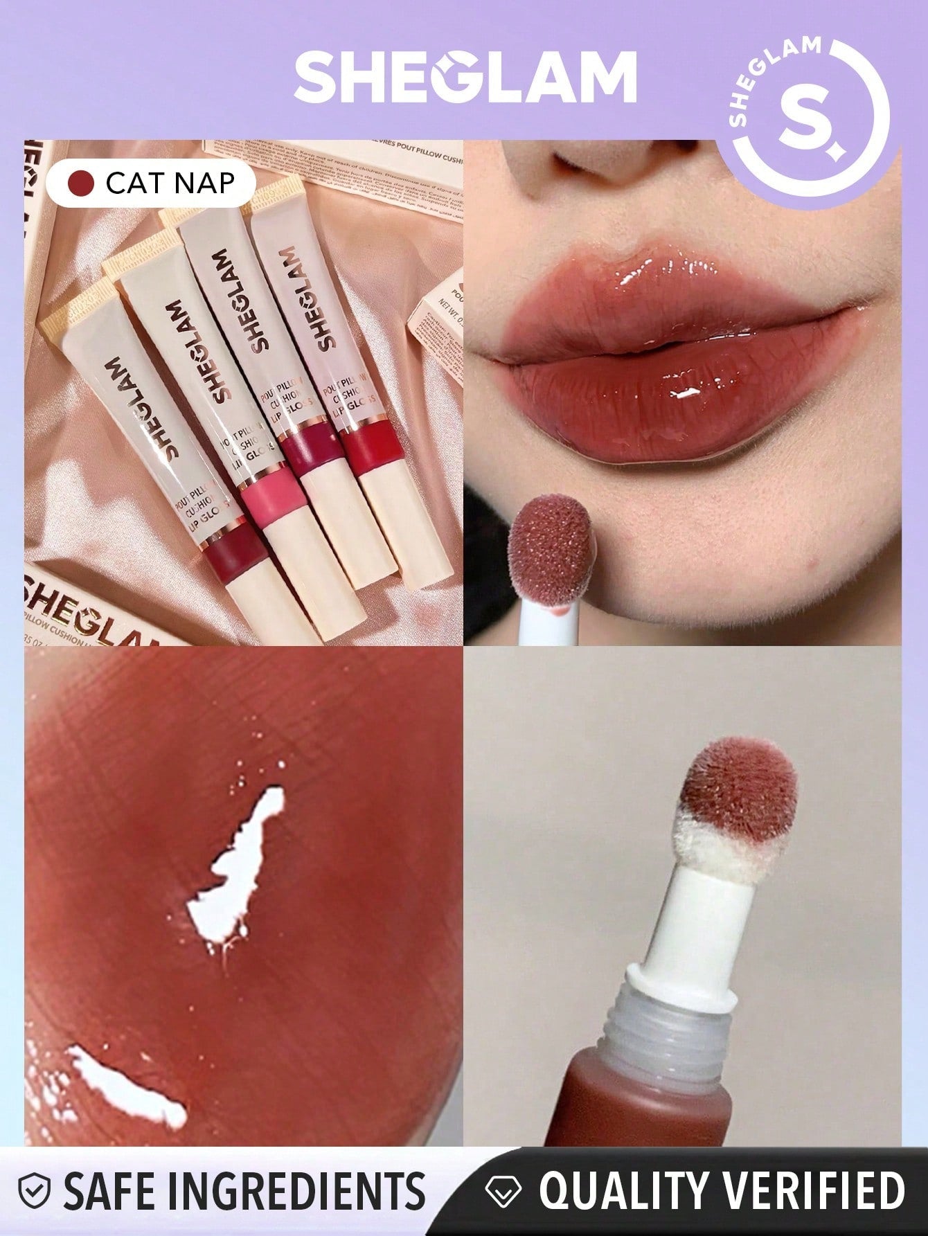 SHEGLAM Pout Pillow Cushion Lip Gloss-Cat Nap Moisturizing Liquid Lipstick High Shine Finish Sponge Tip Applicator Moisturizing Non-Sticky Lip Glaze Party Lip Gloss