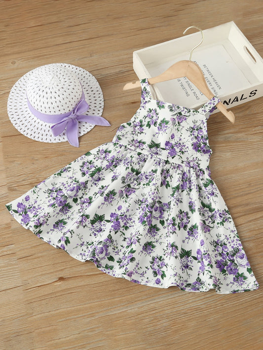 SHEIN Kids EVRYDAY Young Girl Floral Bow Back Dress with Hat