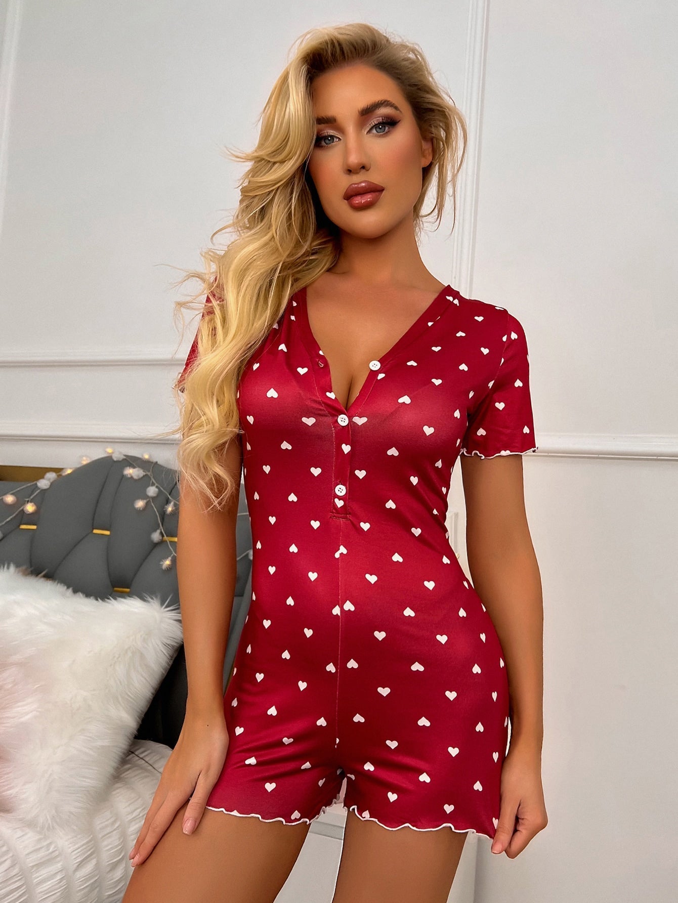 Heart Print Lettuce Trim Romper