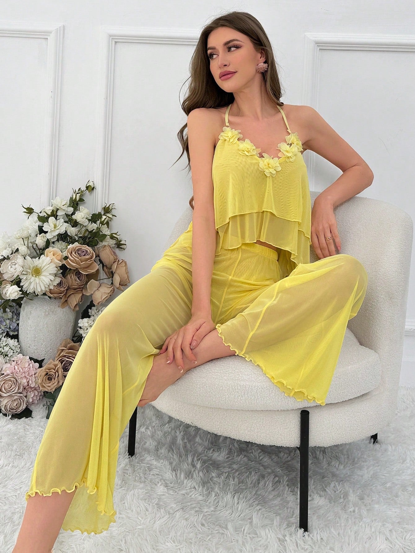 Women'S Mesh Applique Halter Sleepwear Set