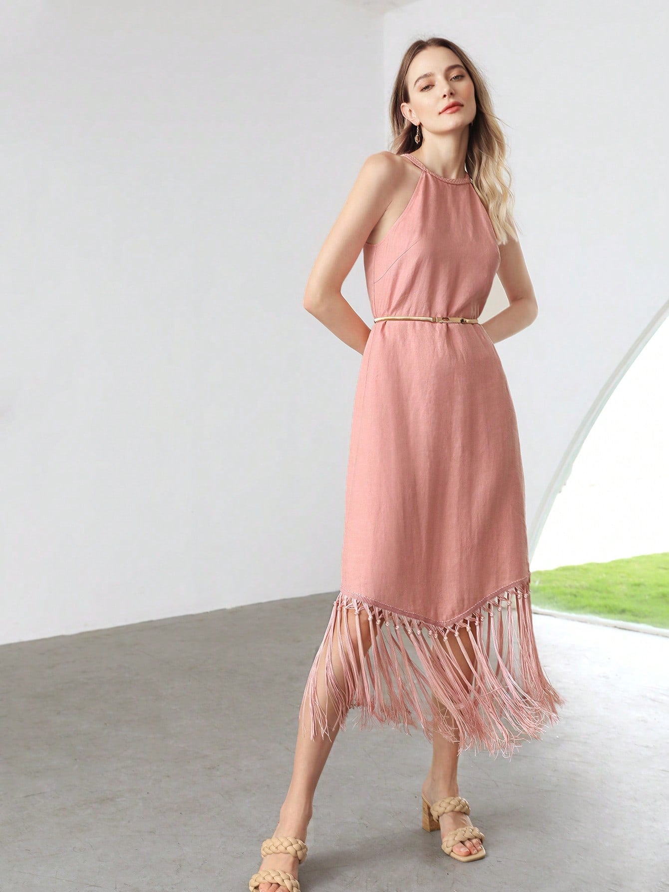 MOTF X Nour PREMIUM PURE LINEN FRINGE HALTER DRESS without BELT