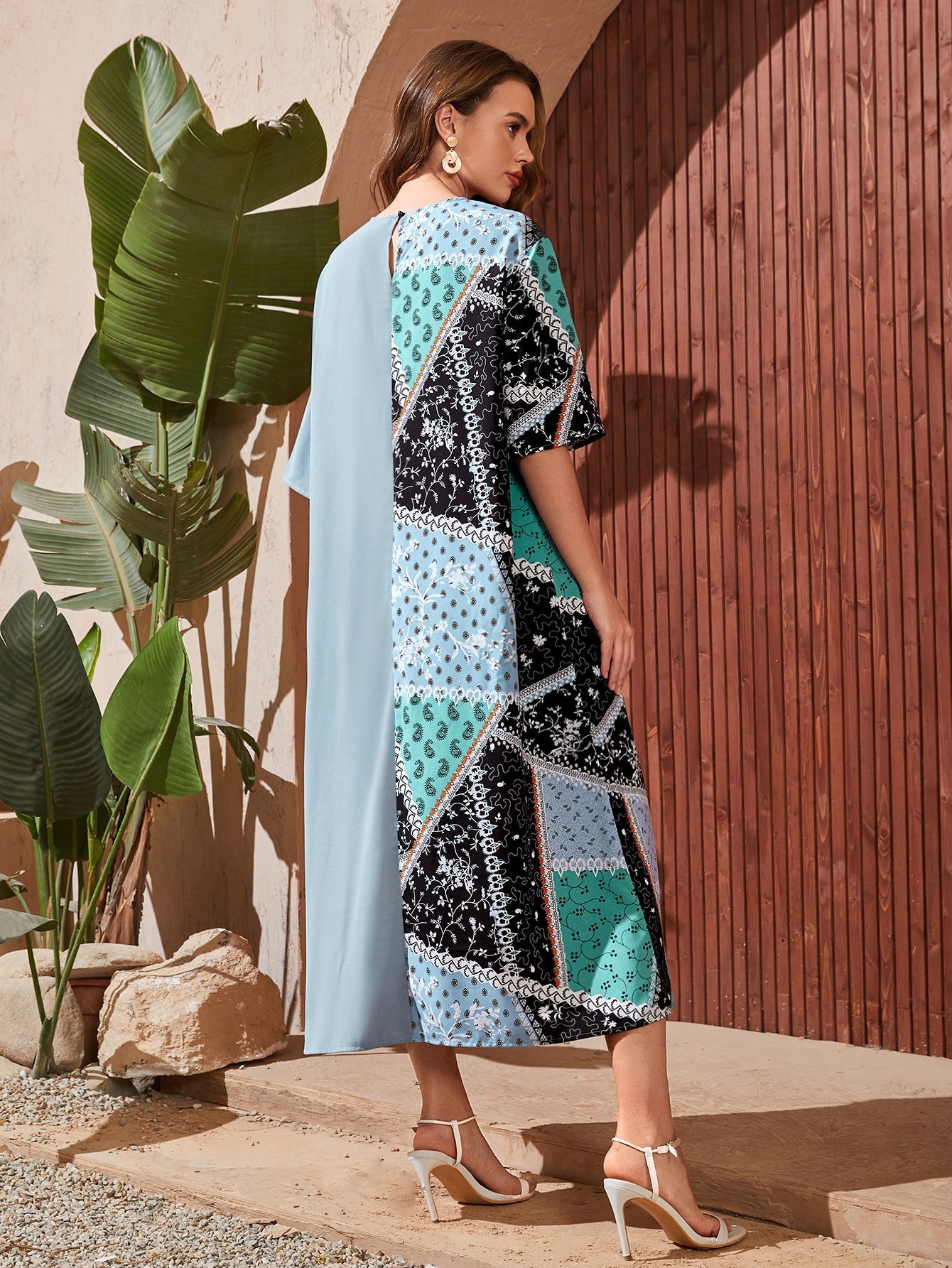 SHEIN Mulvari Colorblock Patchwork & Scarf Print Pleated Hem Dress