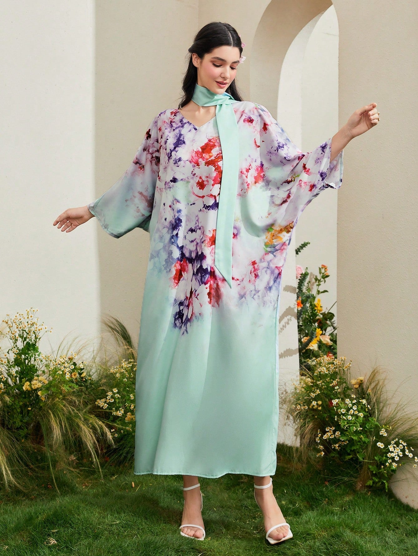 SHEIN Najma Floral Print Batwing Sleeve Dress with Scarf