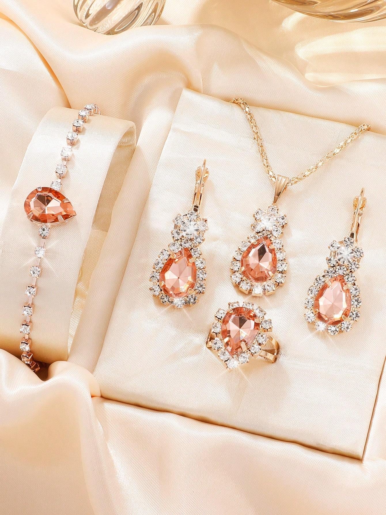 5Pcs/Set Glamorous Rhinestone Water-Drop Decor Jewelry Set for Women for Gift